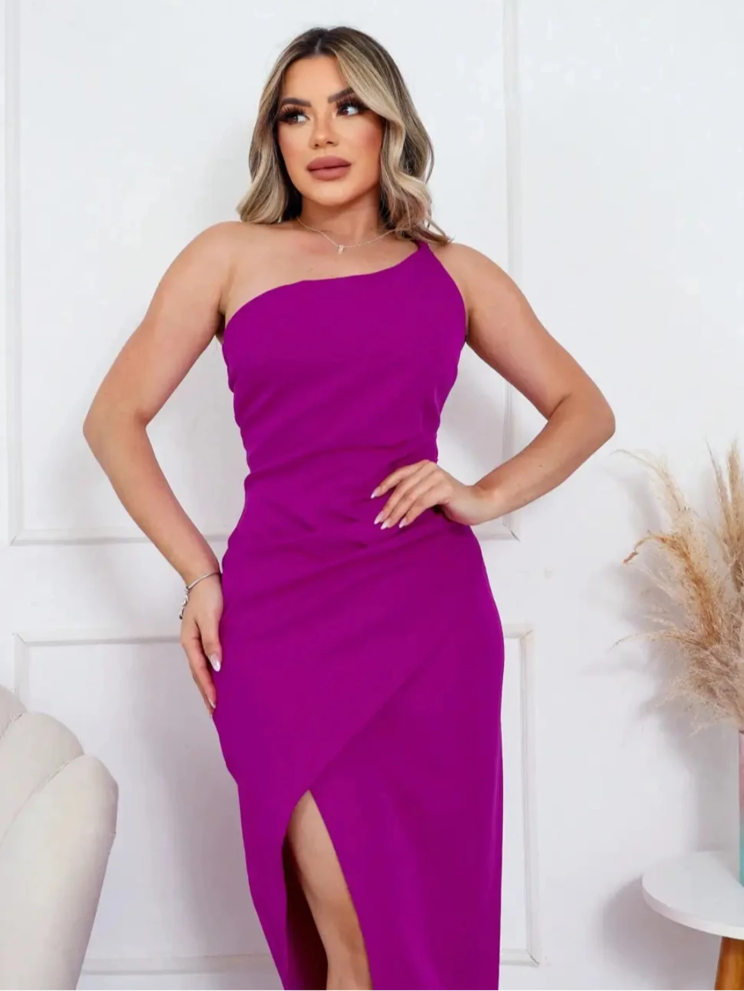 Vestido Longo com Fenda Transpassado Roxo EstiloE, Vestido Longo, Vestido Casual, Vestido de Festa, Vestido um Ombro, Vestido com Fenda, Vestido Roxo, Vestido Longo Roxo