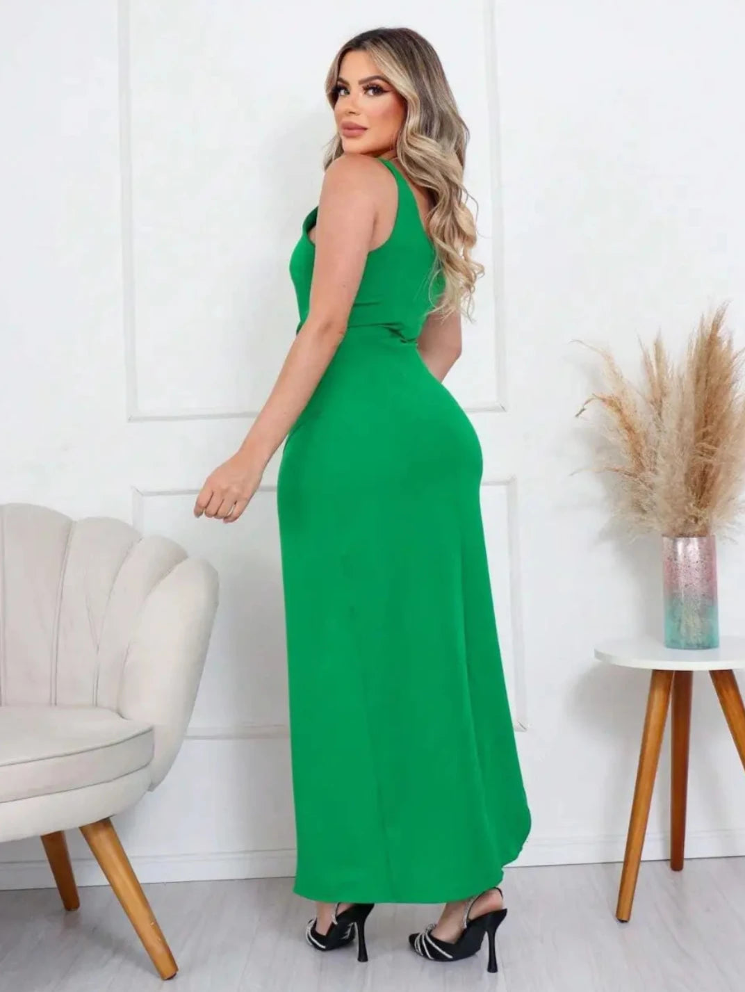 Vestido Longo com Fenda Transpassado Verde EstiloE, Vestido Longo, Vestido Casual, Vestido de Festa, Vestido um Ombro, Vestido com Fenda, Vestido Verde, Vestido Longo Verde