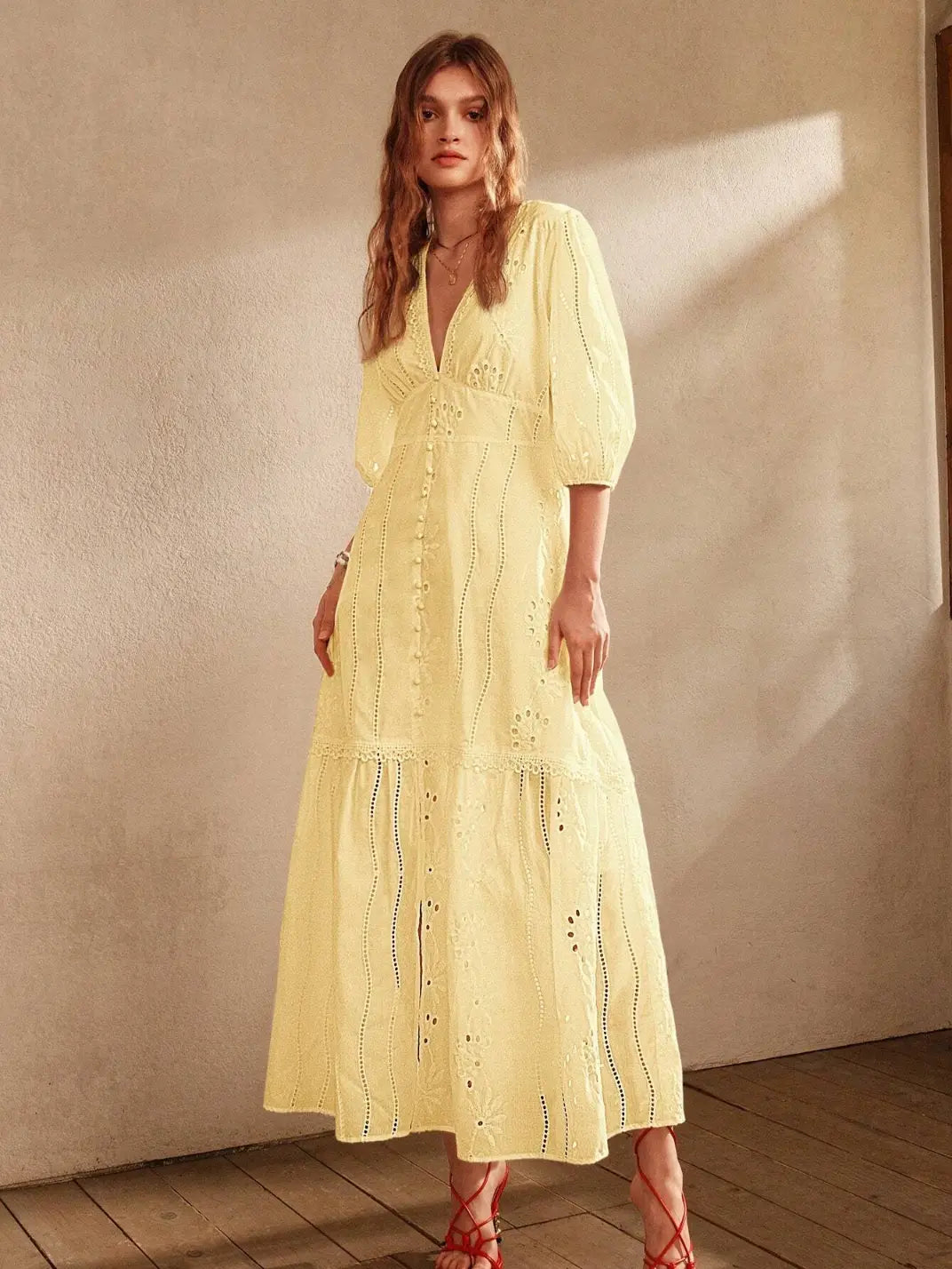 Vestido Longo Laise com Manga Amarelo - EstiloE, Vestido Manga Bufante, Vestido Longo, Vestido Laise, Vestido Feminino, Vestido Casual, Vestido Boho, Vestido Amarelo