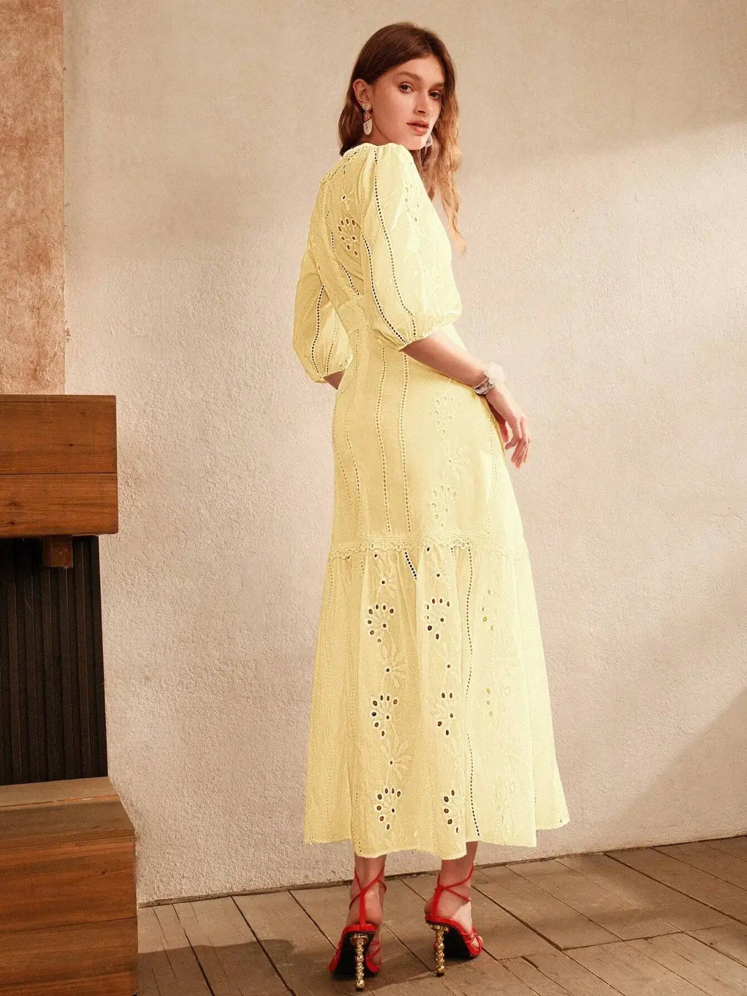 Vestido Longo Laise com Manga Amarelo - EstiloE, Vestido manga Bufante, Vestido Longo, Vestido Laise, Vestido Feminino, Vestido Casual, Vestido Boho, Vestido Amarelo