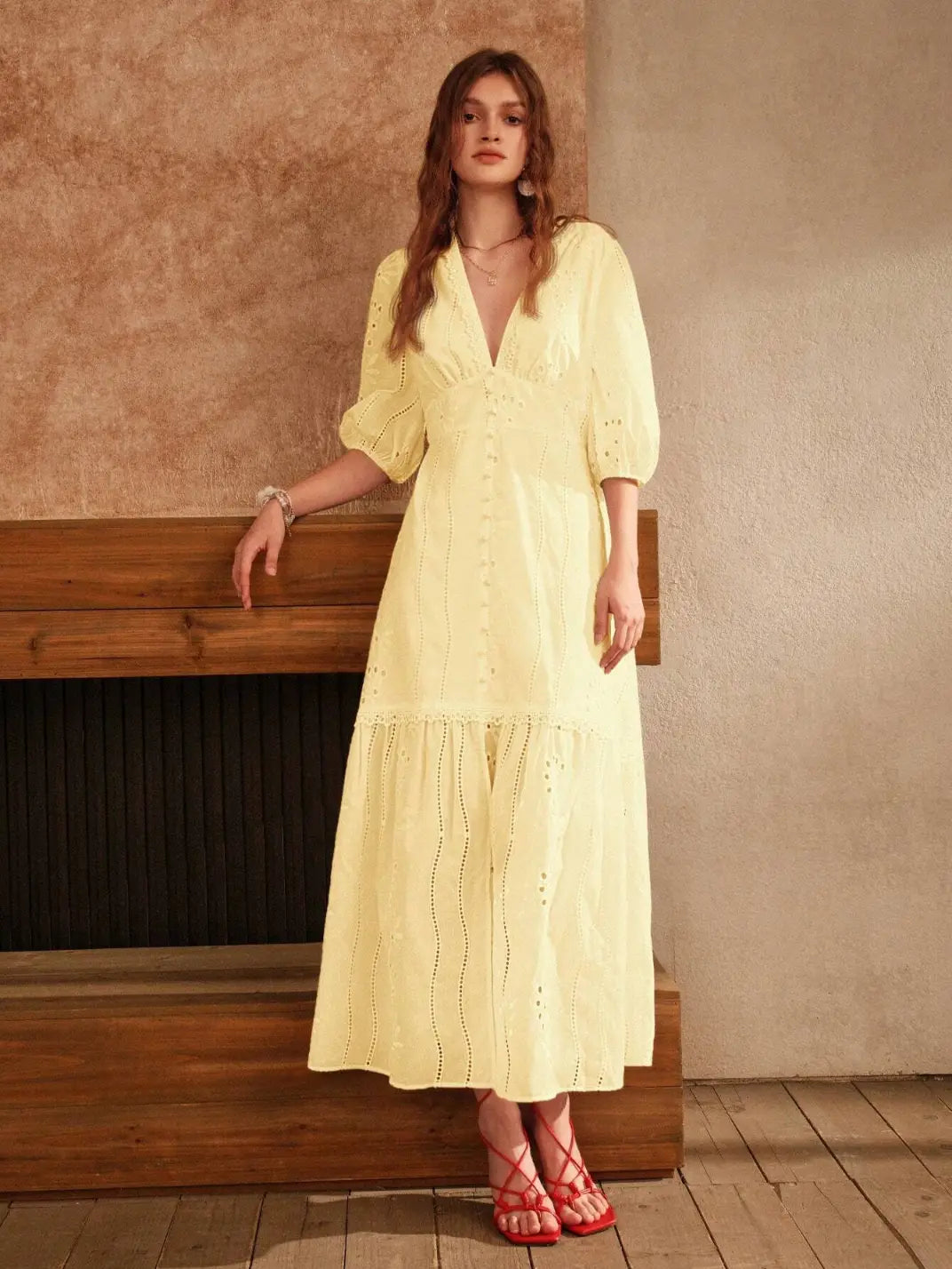 Vestido Longo Laise com Manga Amarelo - EstiloE, Vestido manga Bufante, Vestido Longo, Vestido Laise, Vestido Feminino, Vestido Casual, Vestido Boho, Vestido Amarelo