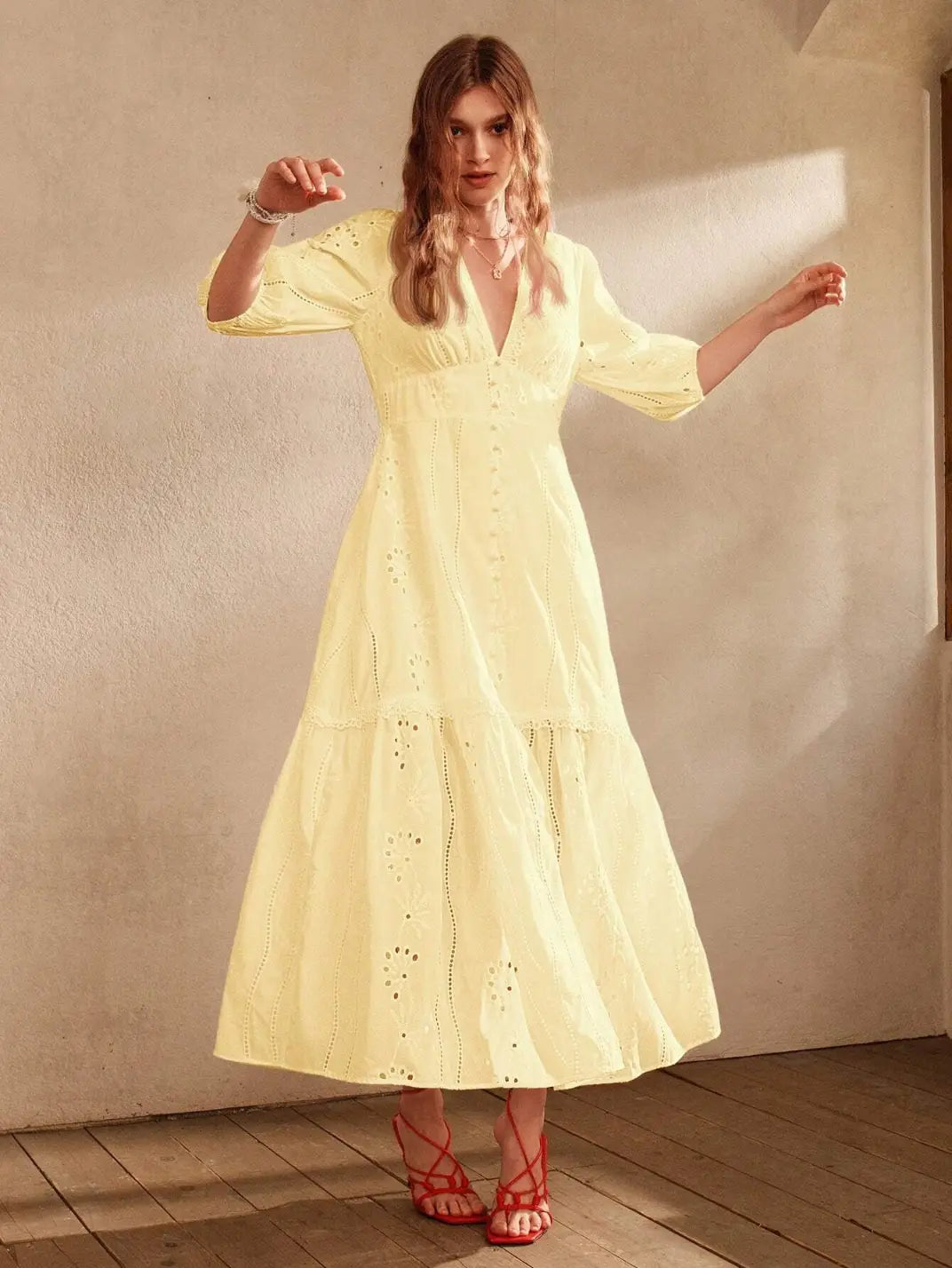 Vestido Longo Laise com Manga Amarelo - EstiloE, Vestido manga Bufante, Vestido Longo, Vestido Laise, Vestido Feminino, Vestido Casual, Vestido Boho, Vestido Amarelo