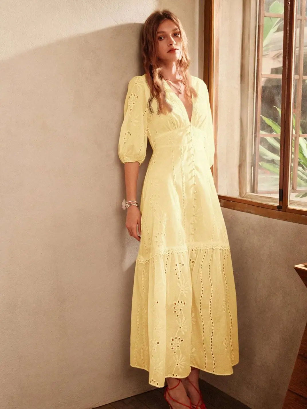 Vestido Longo Laise com Manga Amarelo - EstiloE, Vestido manga Bufante, Vestido Longo, Vestido Laise, Vestido Feminino, Vestido Casual, Vestido Boho, Vestido Amarelo