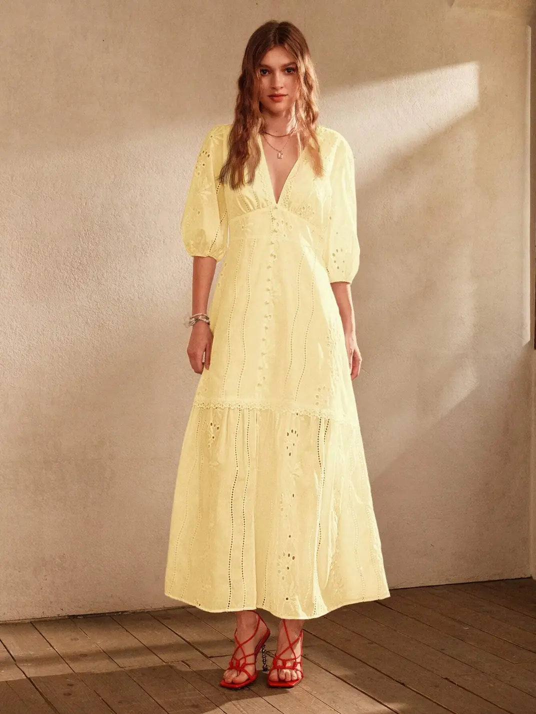 Vestido Longo Laise com Manga Amarelo - EstiloE, Vestido manga Bufante, Vestido Longo, Vestido Laise, Vestido Feminino, Vestido Casual, Vestido Boho, Vestido Amarelo