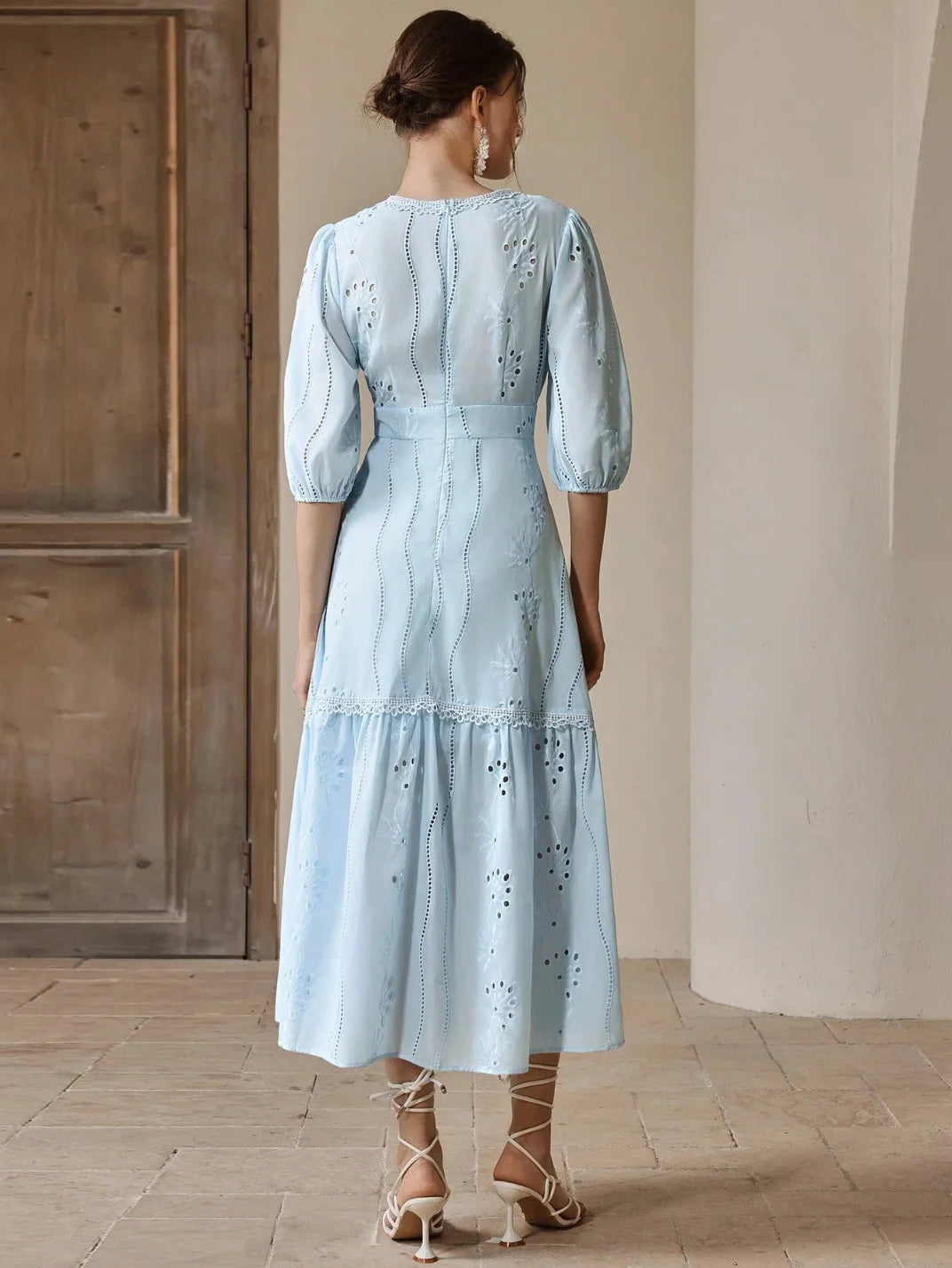 Vestido Longo Laise com Manga Azul - EstiloE, Vestido Manga Bufante, Vestido Longo, Vestido Laise, Vestido Feminino, Vestido Casual, Vestido Boho, Vestido Azul