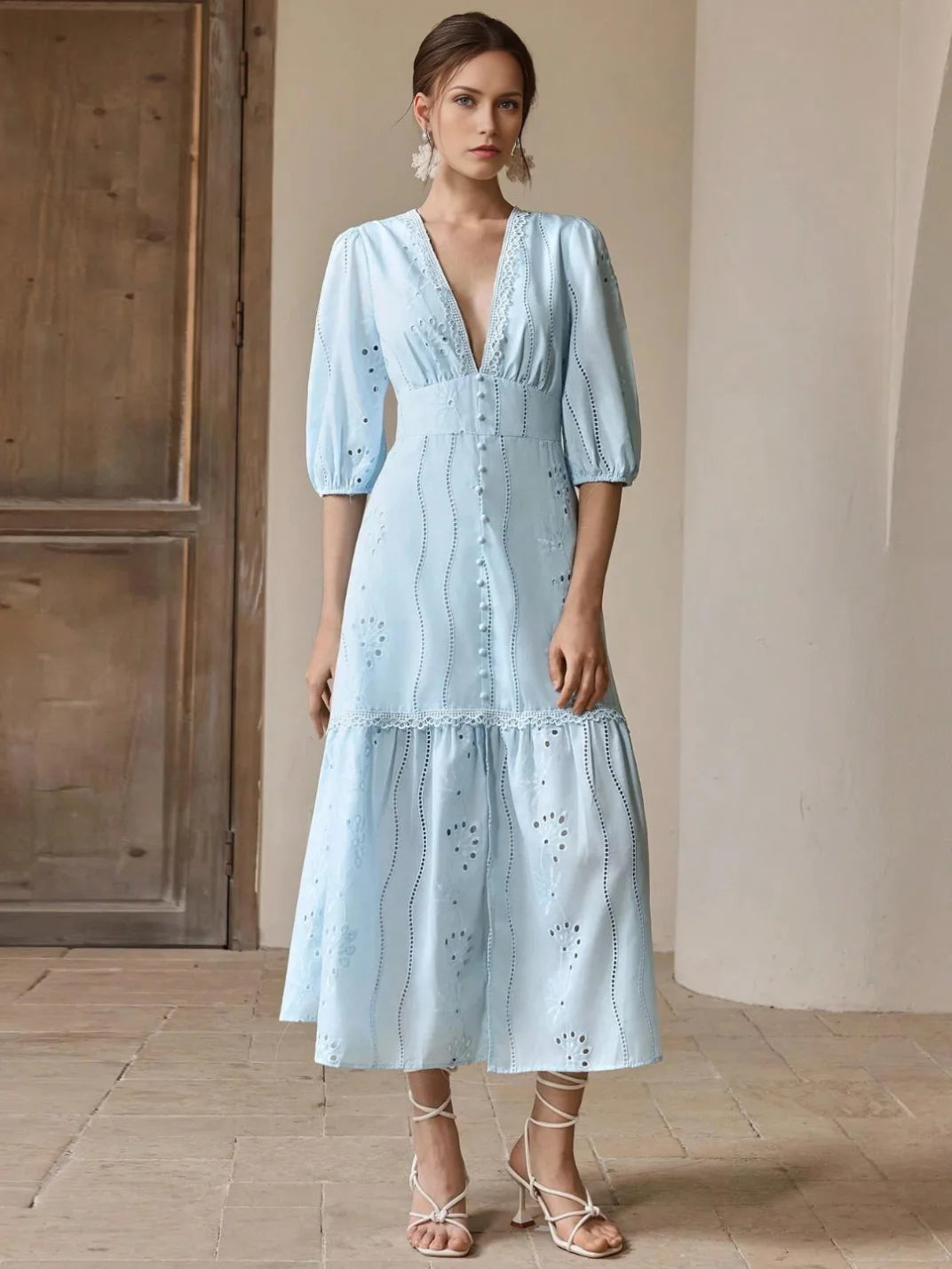 Vestido Longo Laise com Manga Azul - EstiloE, Vestido Manga Bufante, Vestido Longo, Vestido Laise, Vestido Feminino, Vestido Casual, Vestido Boho, Vestido Azul