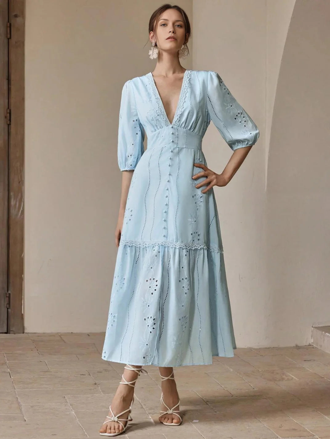 Vestido Longo Laise com Manga Azul - EstiloE, Vestido Manga Bufante, Vestido Longo, Vestido Laise, Vestido Feminino, Vestido Casual, Vestido Boho, Vestido Azul