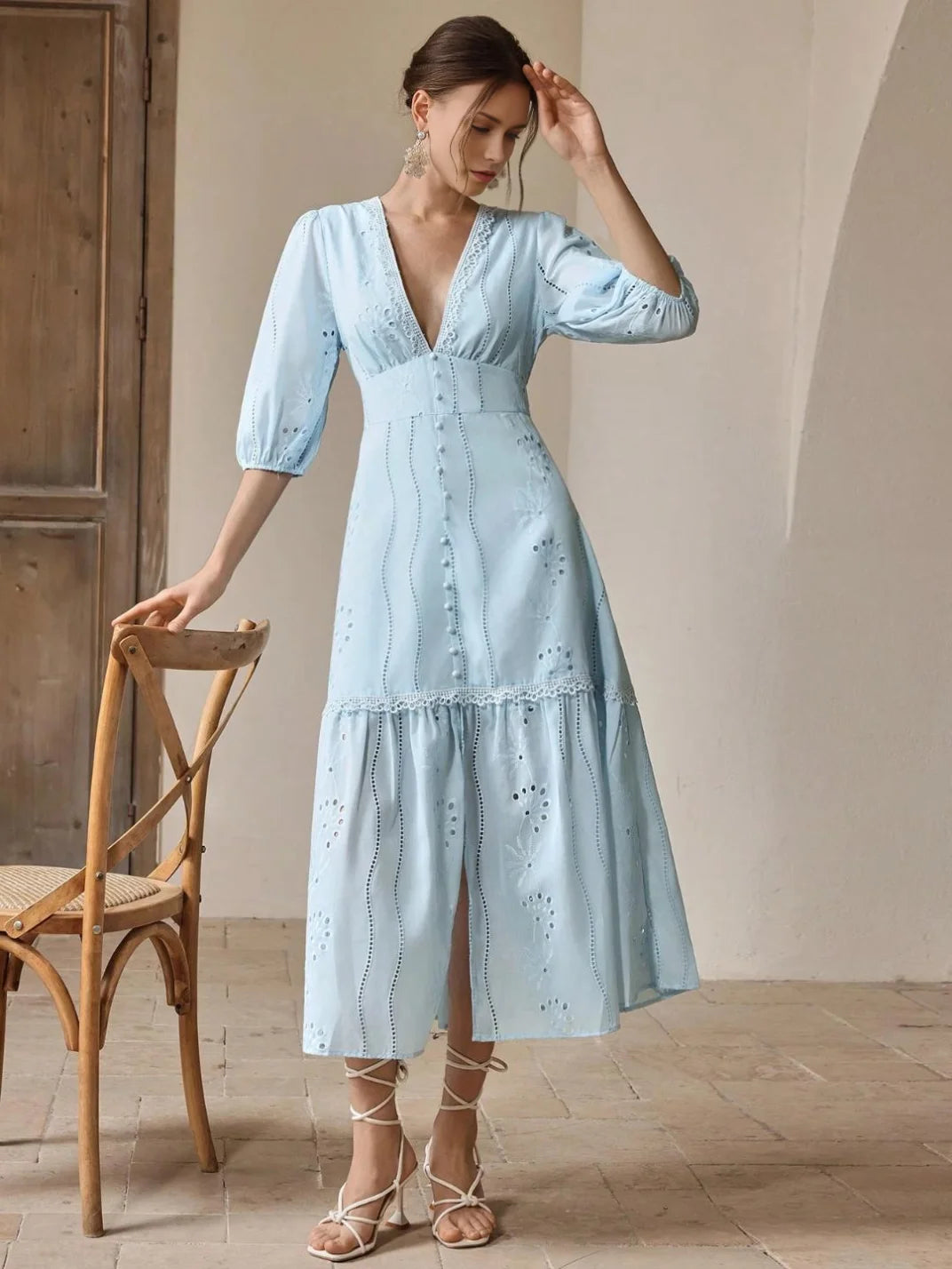 Vestido Longo Laise com Manga Azul - EstiloE, Vestido Manga Bufante, Vestido Longo, Vestido Laise, Vestido Feminino, Vestido Casual, Vestido Boho, Vestido Azul