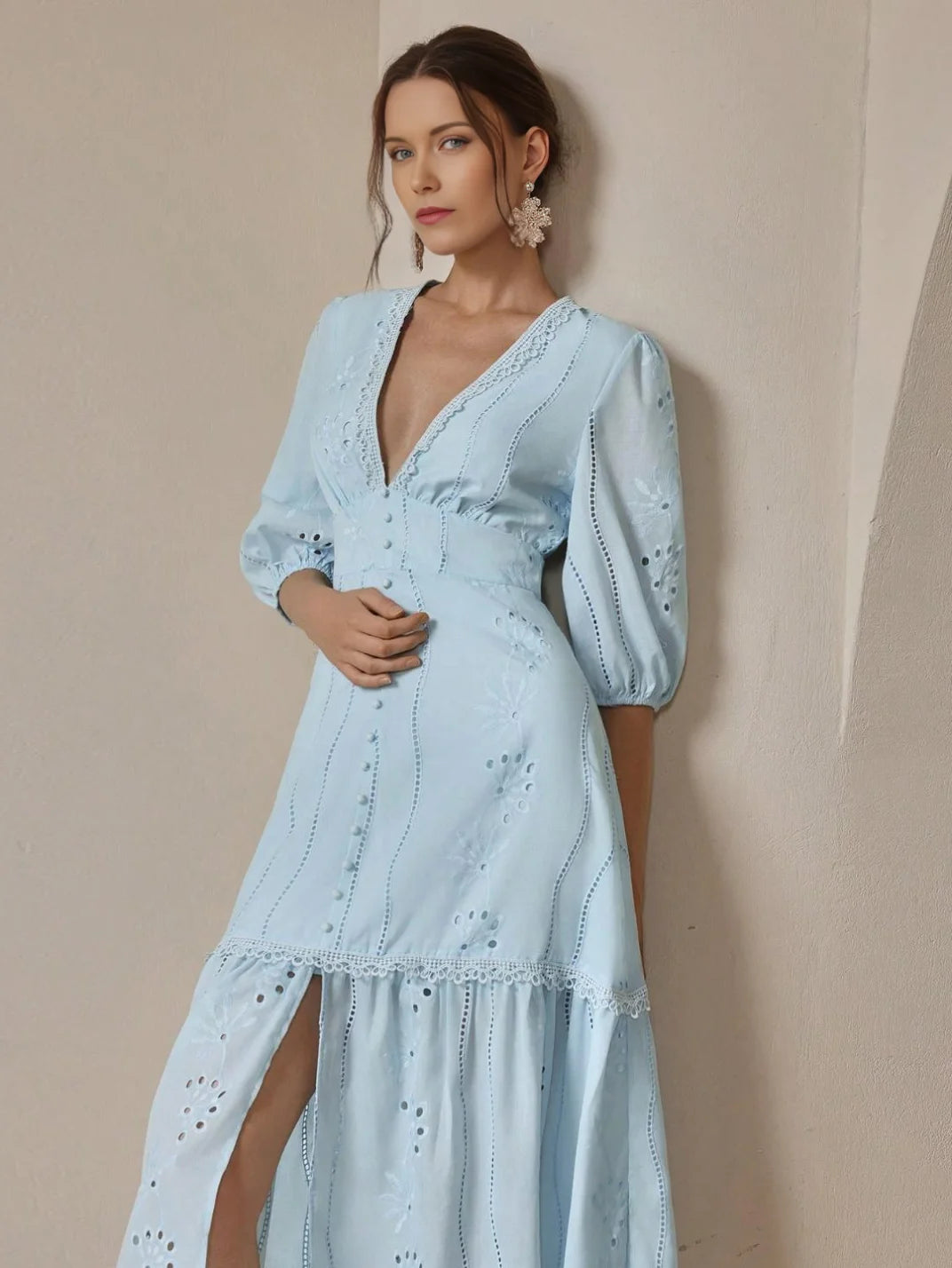 Vestido Longo Laise com Manga Azul - EstiloE, Vestido Manga Bufante, Vestido Longo, Vestido Laise, Vestido Feminino, Vestido Casual, Vestido Boho, Vestido Azul