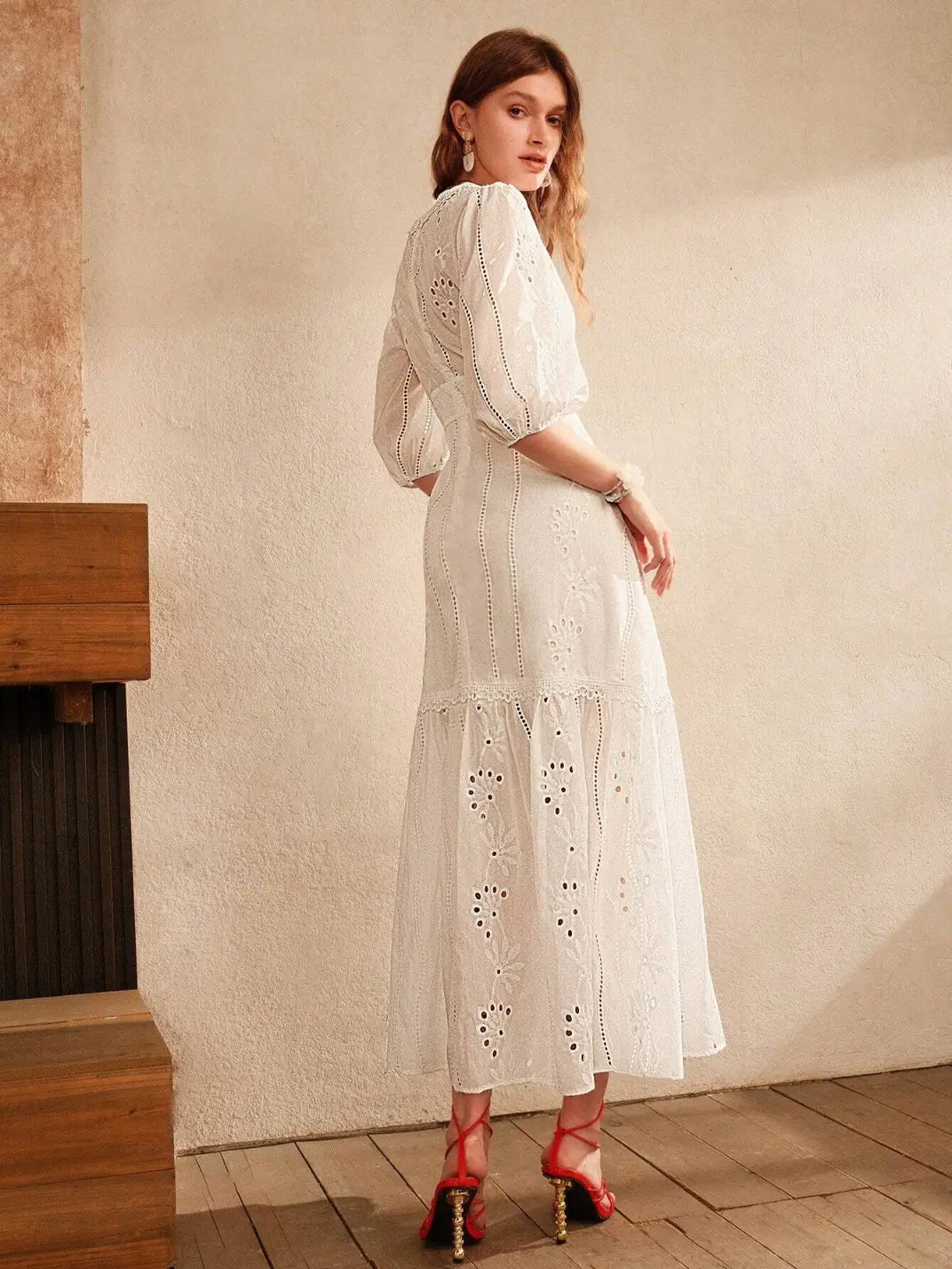 Vestido Longo Laise com Manga Branco - EstiloE, Vestido manga Bufante, Vestido Longo, Vestido Laise, Vestido Feminino, Vestido Casual, Vestido Boho, Vestido Branco