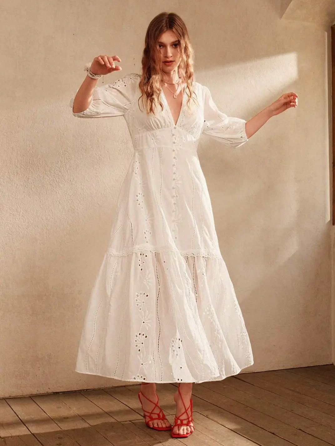 Vestido Longo Laise com Manga Branco - EstiloE, Vestido manga Bufante, Vestido Longo, Vestido Laise, Vestido Feminino, Vestido Casual, Vestido Boho, Vestido Branco