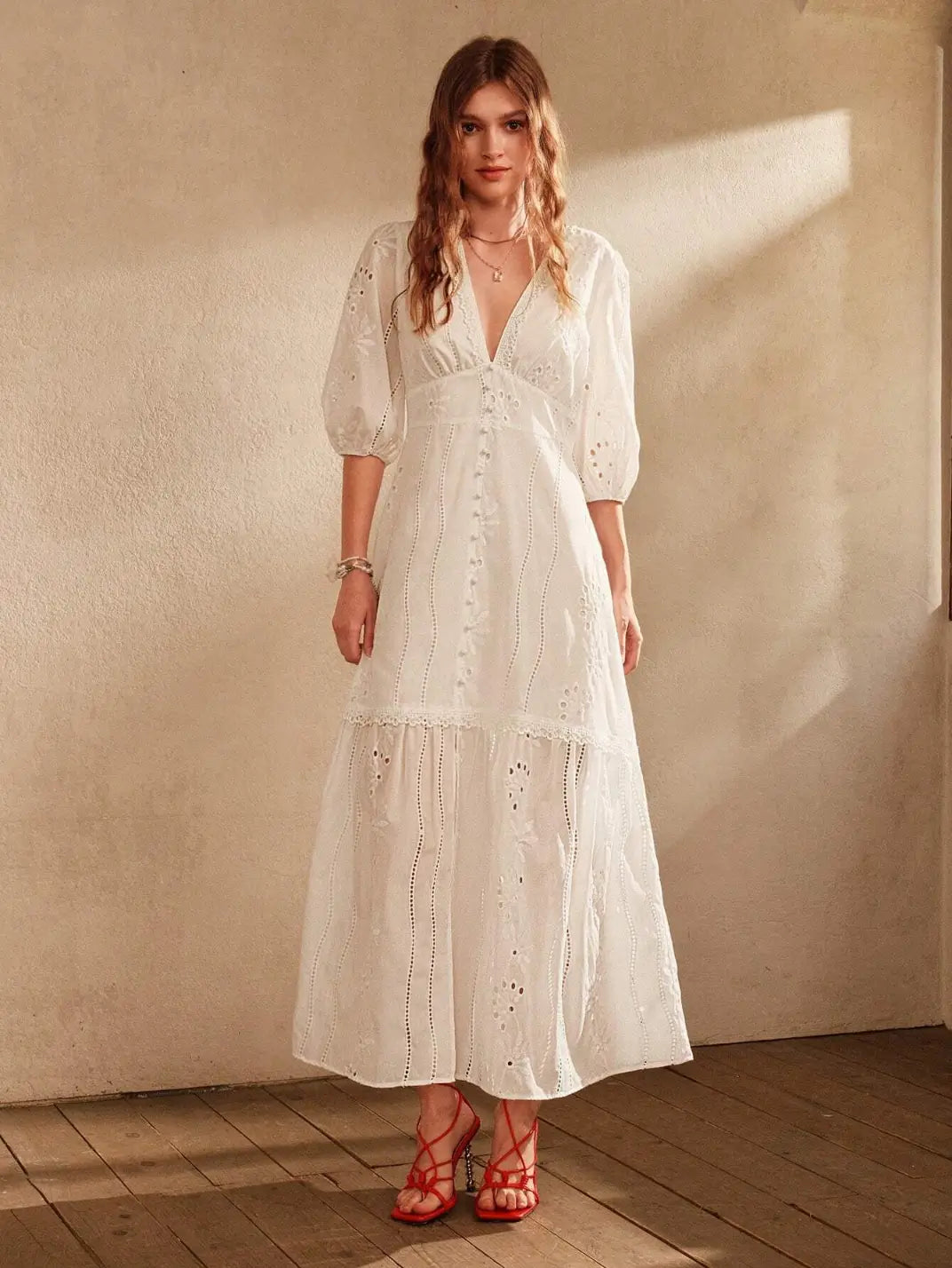 Vestido Longo Laise com Manga Branco - EstiloE, Vestido manga Bufante, Vestido Longo, Vestido Laise, Vestido Feminino, Vestido Casual, Vestido Boho, Vestido Branco