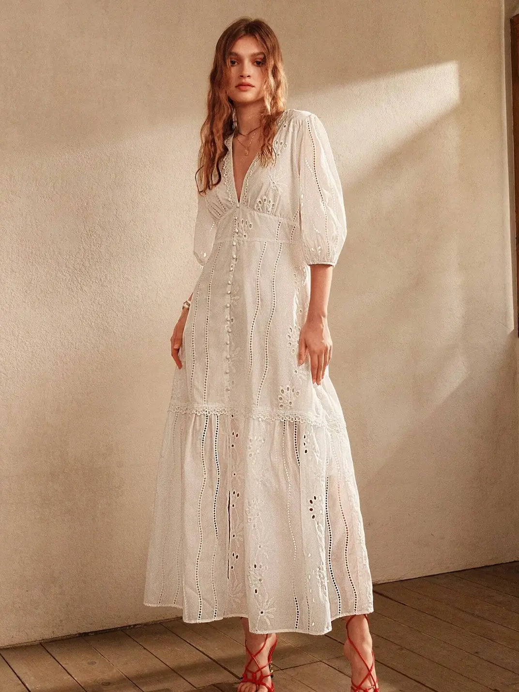 Vestido Longo Laise com Manga Branco - EstiloE, Vestido manga Bufante, Vestido Longo, Vestido Laise, Vestido Feminino, Vestido Casual, Vestido Boho, Vestido Branco