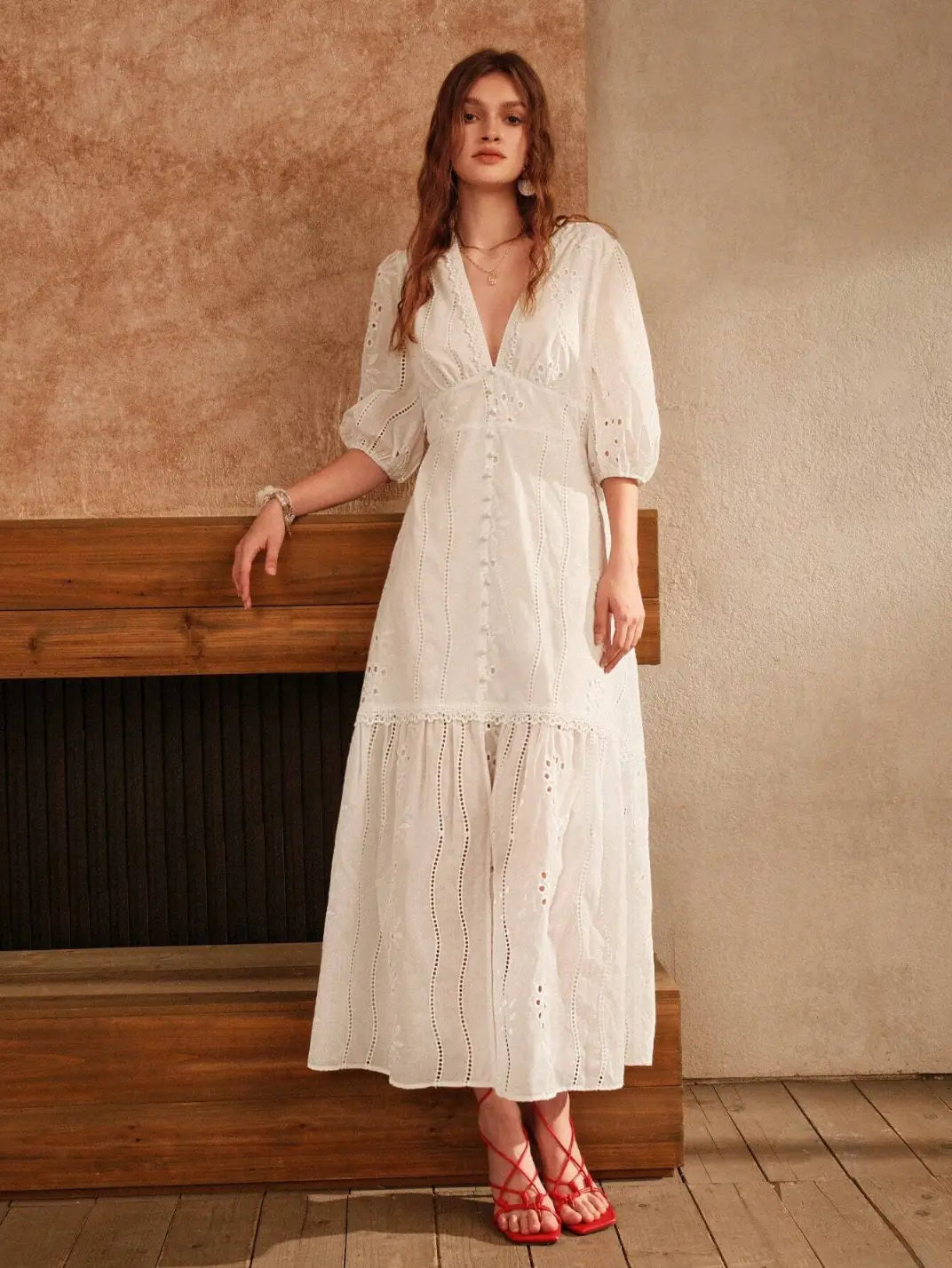 Vestido Longo Laise com Manga Branco - EstiloE, Vestido manga Bufante, Vestido Longo, Vestido Laise, Vestido Feminino, Vestido Casual, Vestido Boho, Vestido Branco