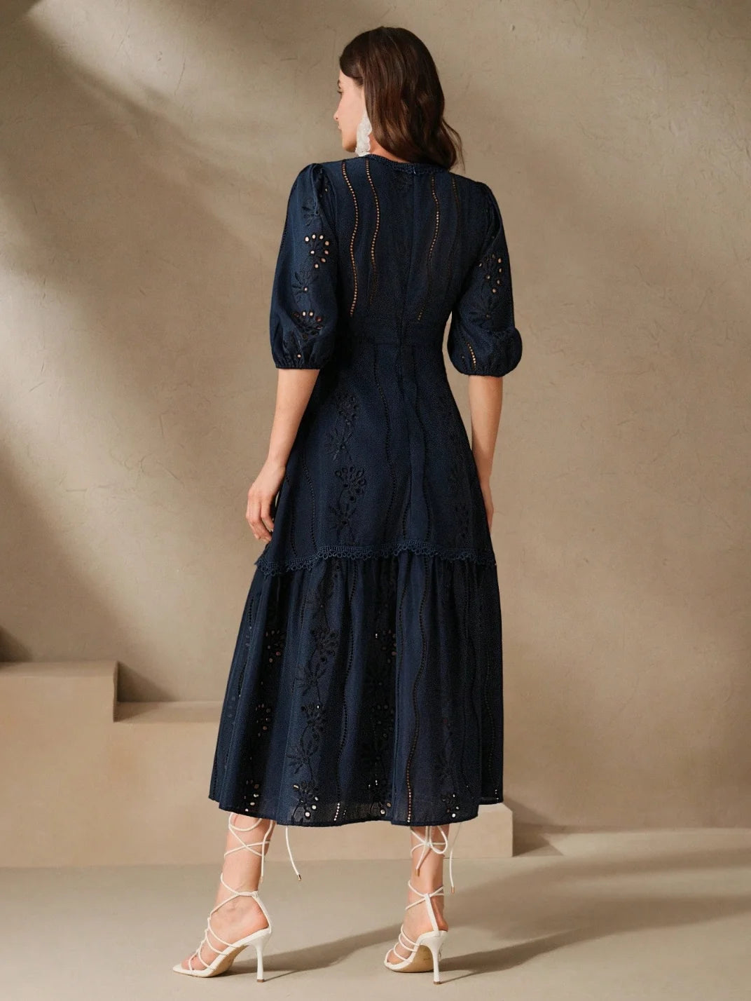 Vestido Longo Laise Manga Bufante Marinho