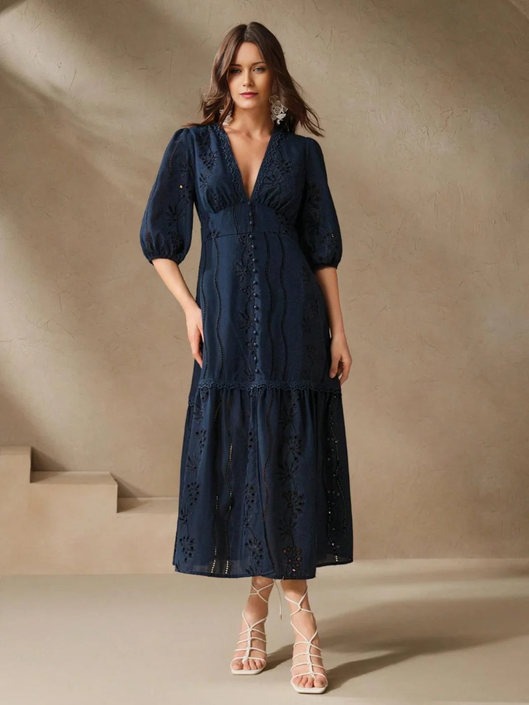 Vestido Longo Laise com Manga Marinho - EstiloE, Vestido Manga Bufante, Vestido Longo, Vestido Laise, Vestido Feminino, Vestido Casual, Vestido Boho, Vestido Azul Marinho, Vestido Marinho
