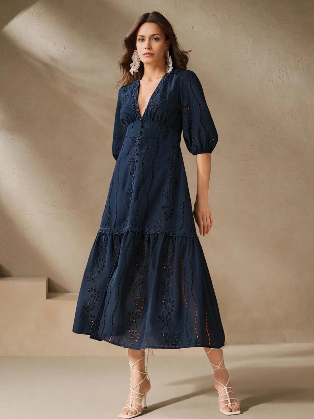 Vestido Longo Laise com Manga Marinho - EstiloE, Vestido Manga Bufante, Vestido Longo, Vestido Laise, Vestido Feminino, Vestido Casual, Vestido Boho, Vestido Azul Marinho, Vestido Marinho