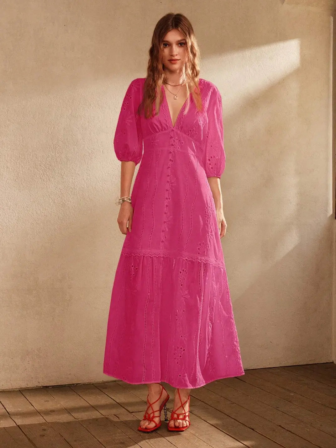 Vestido Longo Laise com Manga Pink - EstiloE, Vestido manga Bufante, Vestido Longo, Vestido Laise, Vestido Feminino, Vestido Casual, Vestido Boho, Vestido Pink