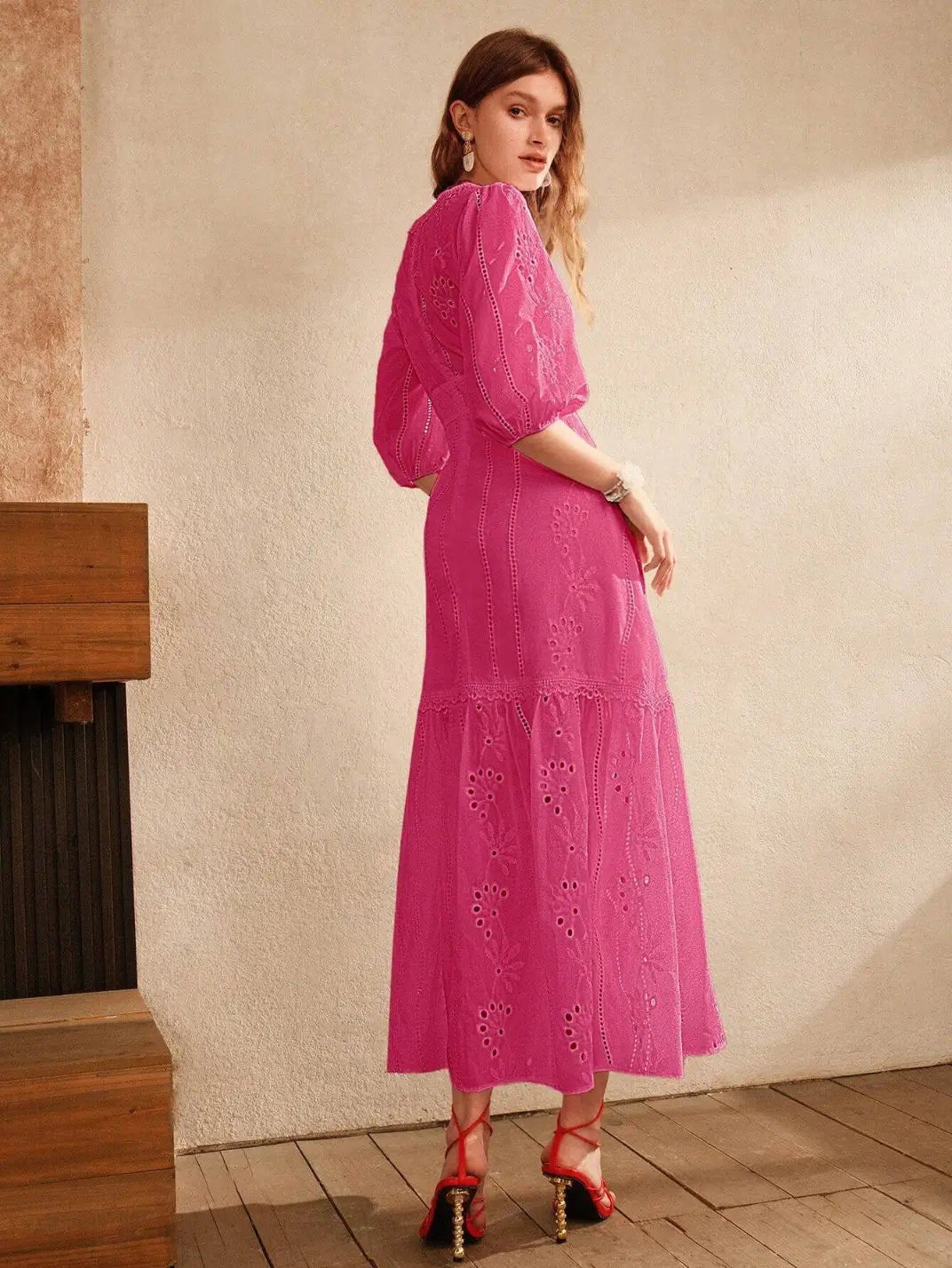 Vestido Longo Laise com Manga Pink - EstiloE, Vestido manga Bufante, Vestido Longo, Vestido Laise, Vestido Feminino, Vestido Casual, Vestido Boho, Vestido Pink