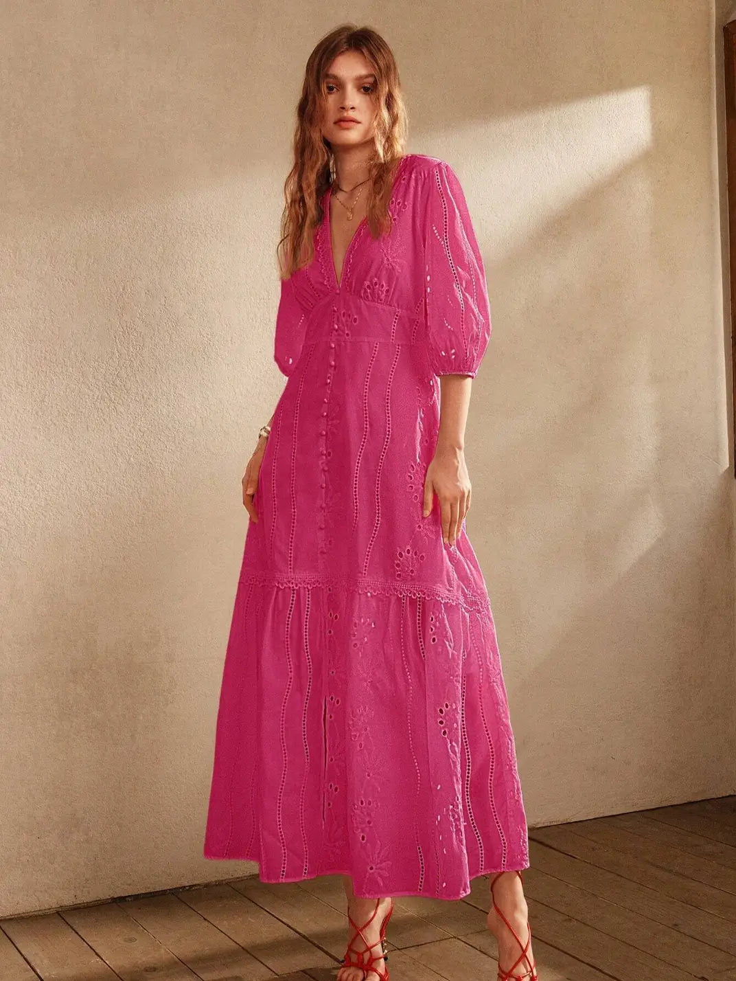 Vestido Longo Laise com Manga Pink - EstiloE, Vestido manga Bufante, Vestido Longo, Vestido Laise, Vestido Feminino, Vestido Casual, Vestido Boho, Vestido Pink