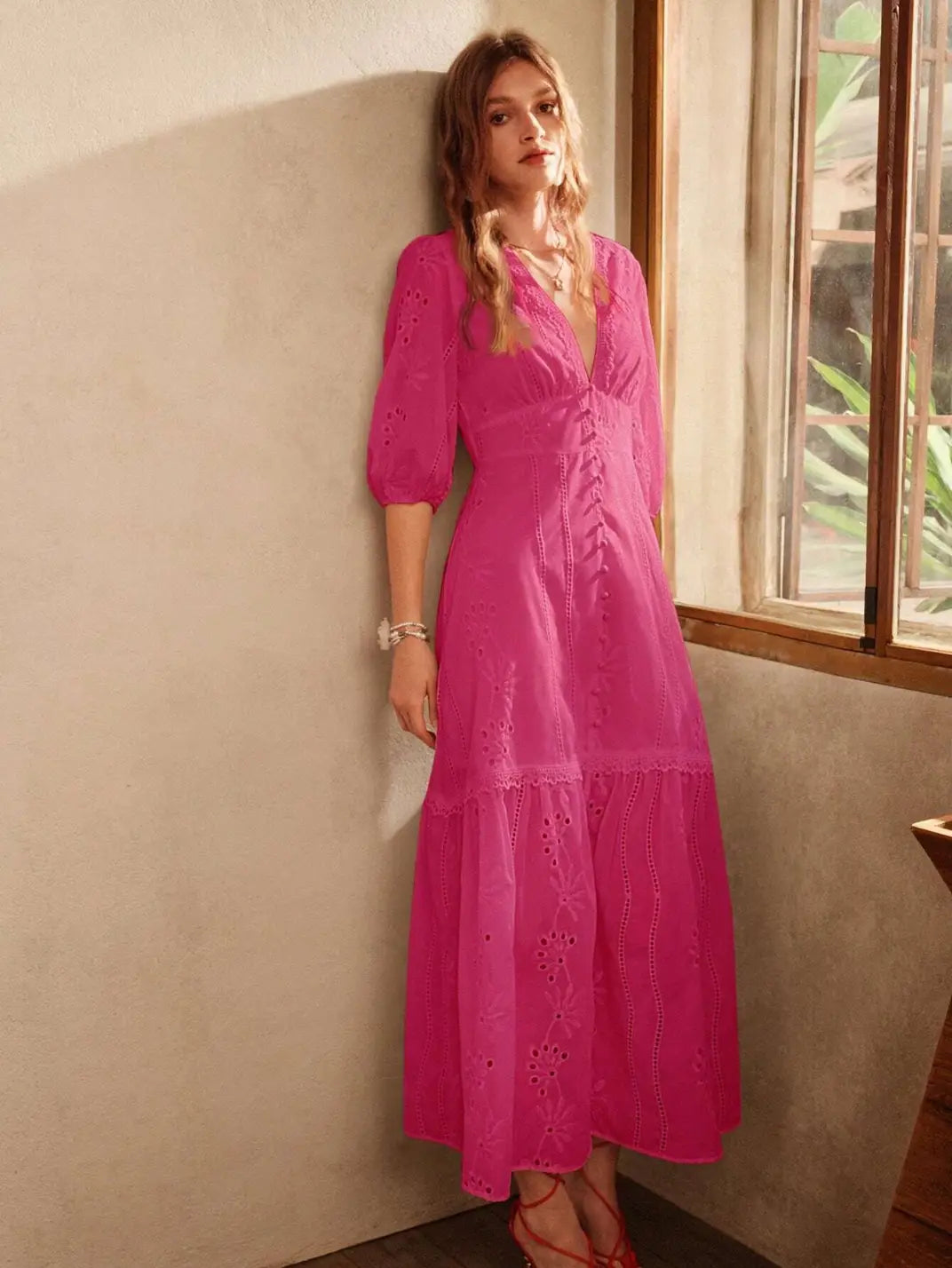 Vestido Longo Laise com Manga Pink - EstiloE, Vestido manga Bufante, Vestido Longo, Vestido Laise, Vestido Feminino, Vestido Casual, Vestido Boho, Vestido Pink