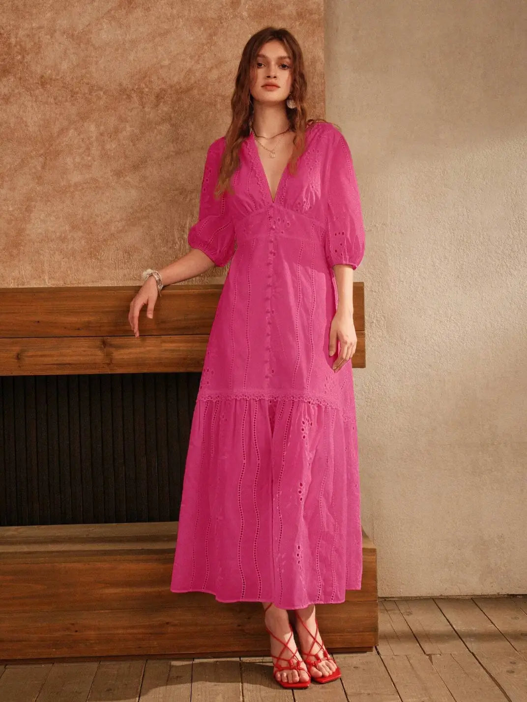 Vestido Longo Laise com Manga Pink - EstiloE, Vestido manga Bufante, Vestido Longo, Vestido Laise, Vestido Feminino, Vestido Casual, Vestido Boho, Vestido Pink