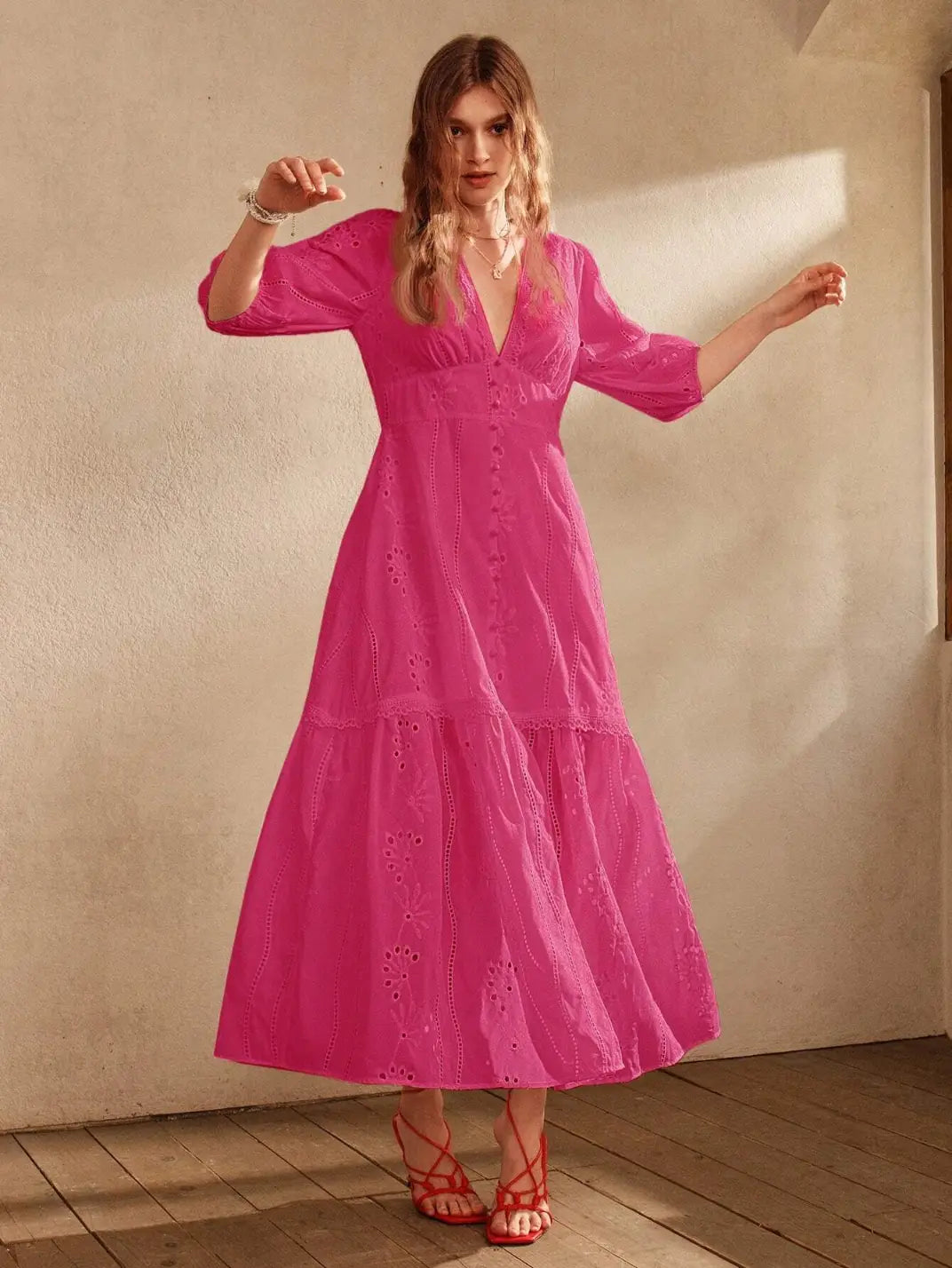 Vestido Longo Laise com Manga Pink - EstiloE, Vestido manga Bufante, Vestido Longo, Vestido Laise, Vestido Feminino, Vestido Casual, Vestido Boho, Vestido Pink