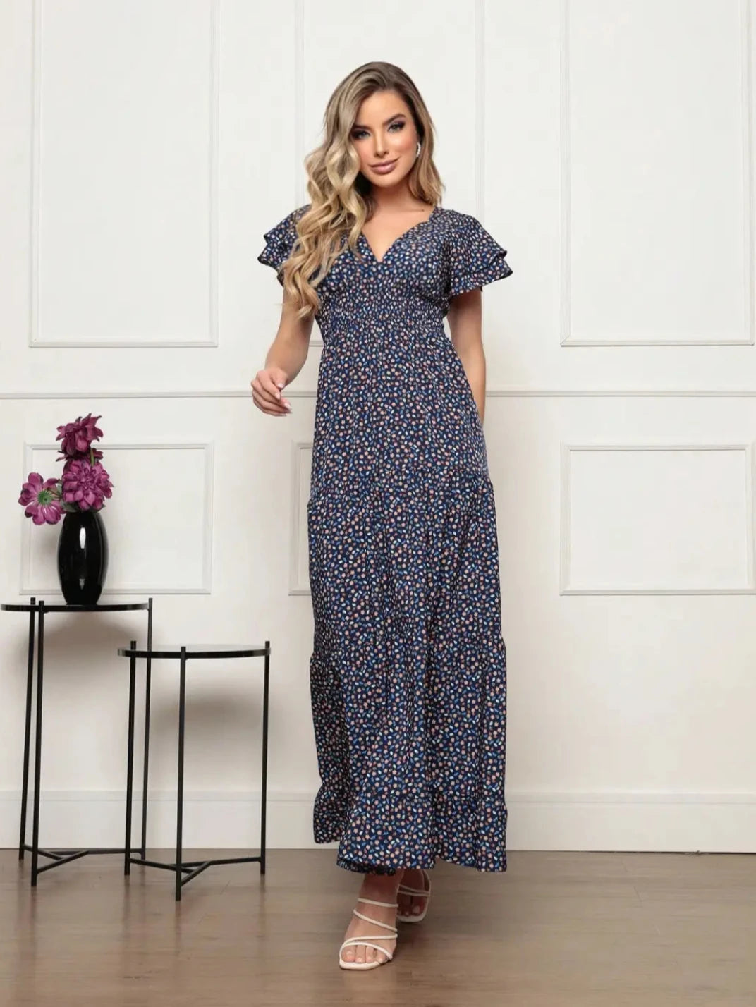 Vestido Longo Manga Babado Marinho - EstiloE, Vestido Três Marias, Vestido Soltinho, Vestido Marinho, Vestido Longo, Vestido Floral, Vestido Estampado, Vestido Casual, Vestido Boho