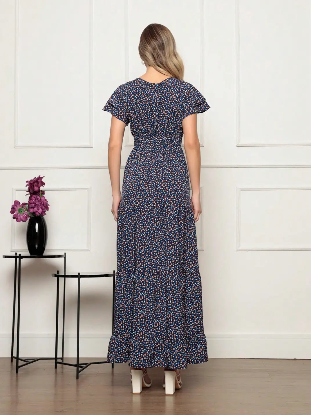 Vestido Longo Manga Babado Marinho - EstiloE, Vestido Três Marias, Vestido Soltinho, Vestido Marinho, Vestido Longo, Vestido Floral, Vestido Estampado, Vestido Casual, Vestido Boho