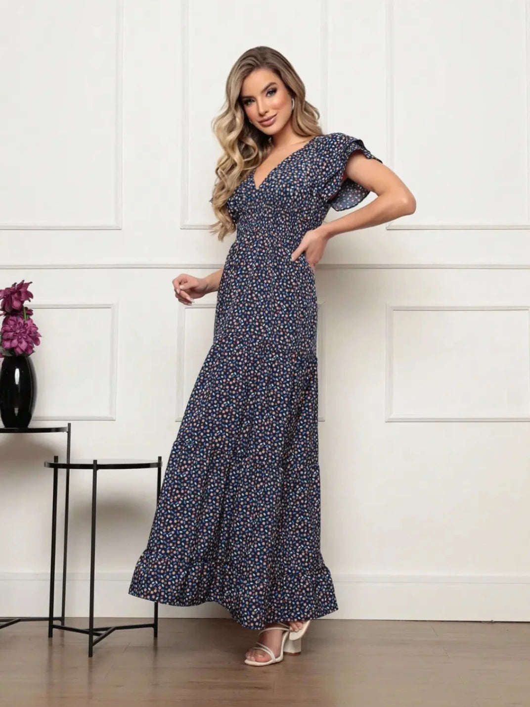 Vestido Longo Manga Babado Marinho - EstiloE, Vestido Três Marias, Vestido Soltinho, Vestido Marinho, Vestido Longo, Vestido Floral, Vestido Estampado, Vestido Casual, Vestido Boho