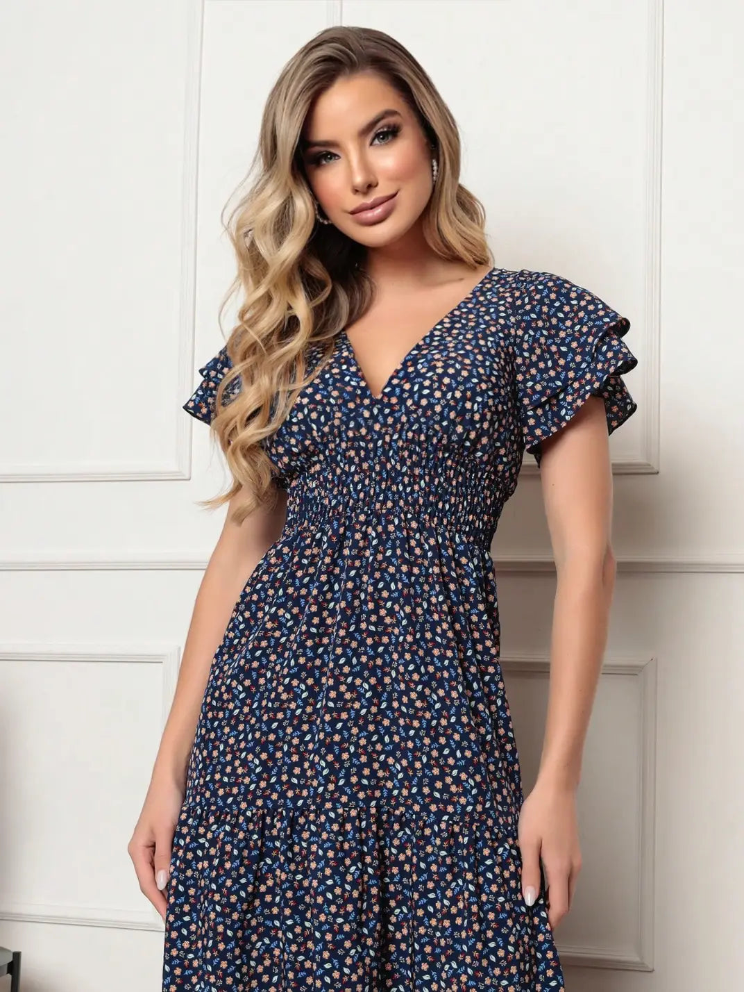 Vestido Longo Manga Babado Marinho - EstiloE, Vestido Três Marias, Vestido Soltinho, Vestido Marinho, Vestido Longo, Vestido Floral, Vestido Estampado, Vestido Casual, Vestido Boho