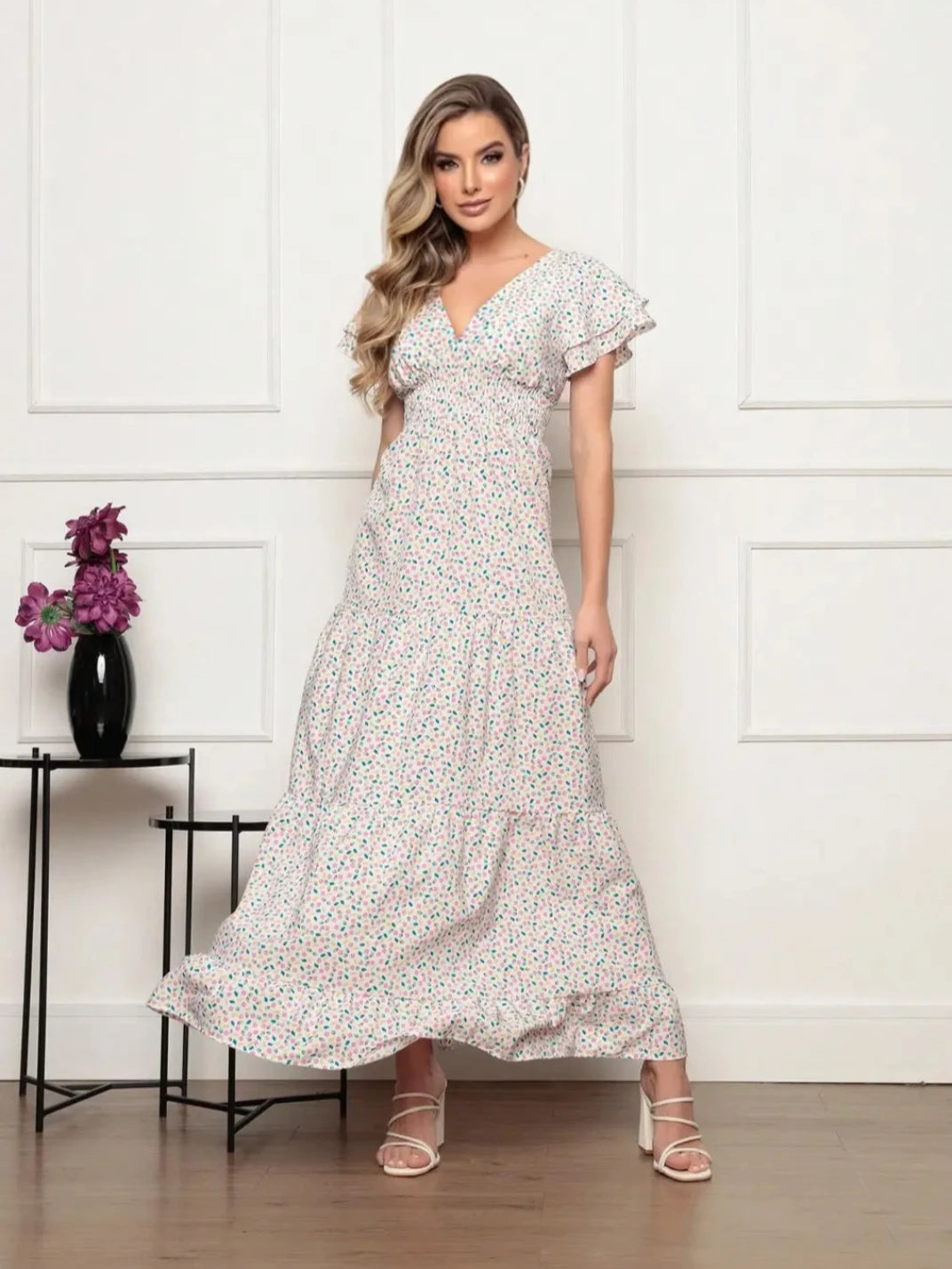 Vestido Longo Manga Babado Off White - EstiloE, Vestido Três Marias, Vestido Soltinho, Vestido Longo, Vestido Floral, Vestido Estampado, Vestido Casual, Vestido Boho