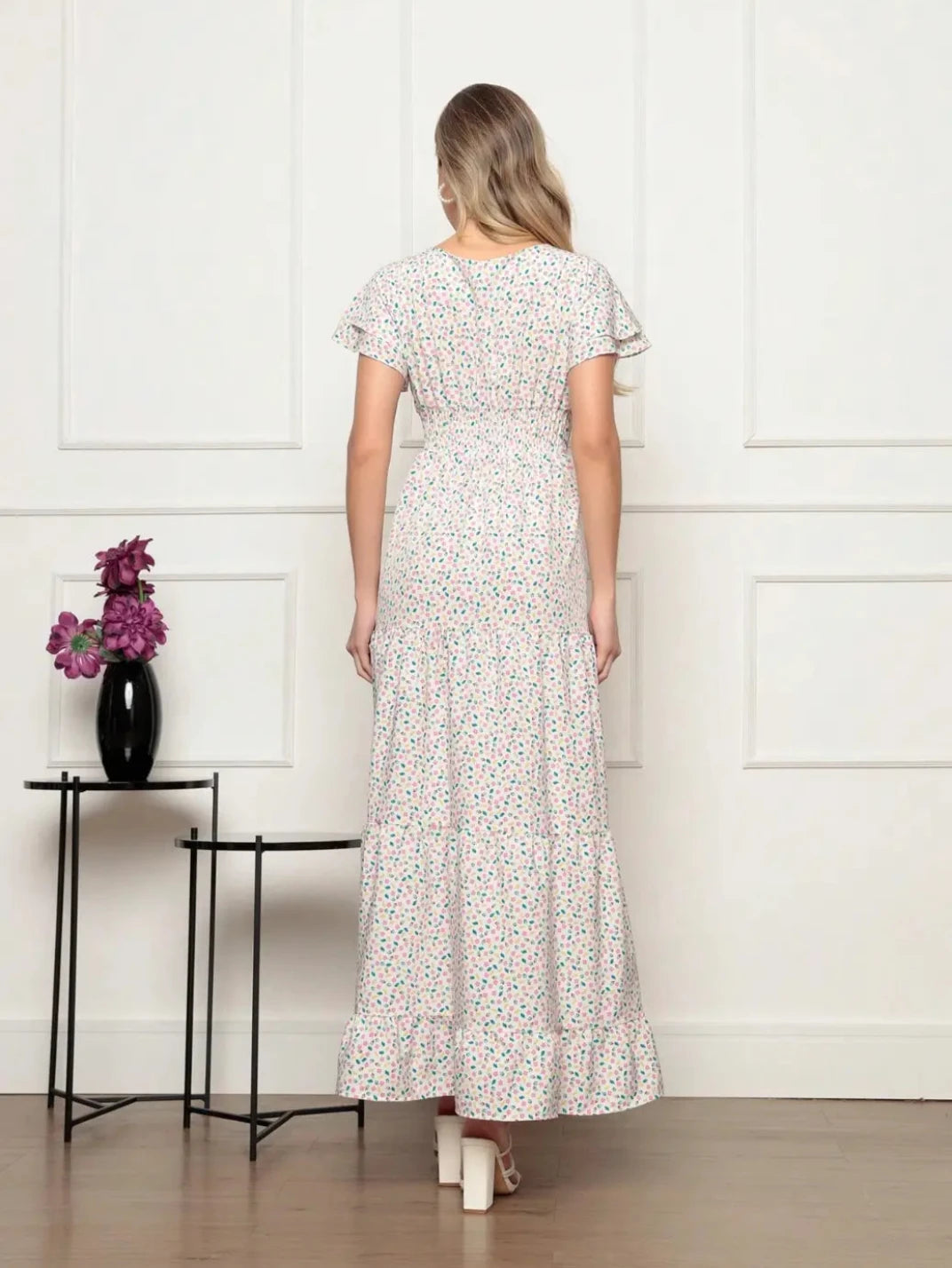 Vestido Longo Manga Babado Off White - EstiloE, Vestido Três Marias, Vestido Soltinho, Vestido Longo, Vestido Floral, Vestido Estampado, Vestido Casual, Vestido Boho