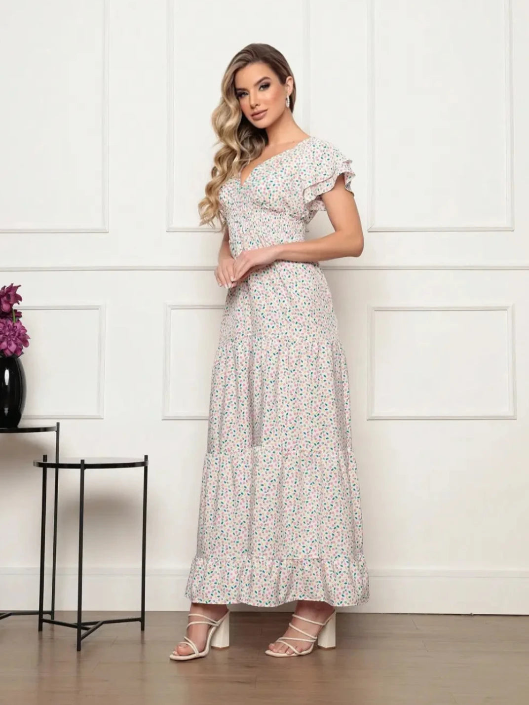 Vestido Longo Manga Babado Off White - EstiloE, Vestido Três Marias, Vestido Soltinho, Vestido Longo, Vestido Floral, Vestido Estampado, Vestido Casual, Vestido Boho