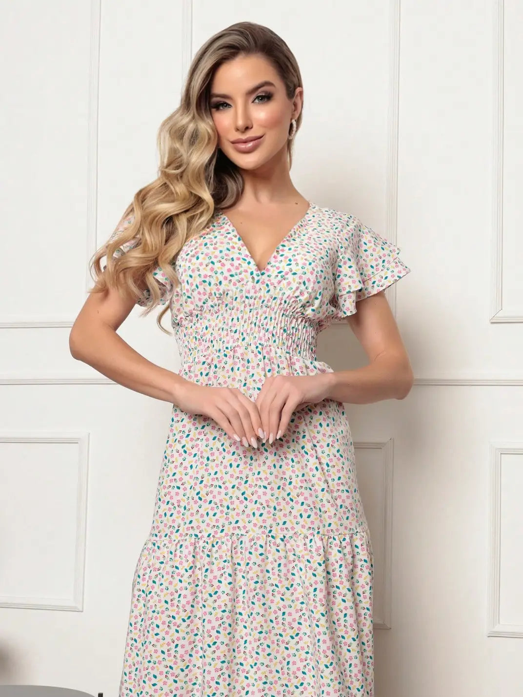 Vestido Longo Manga Babado Off White - EstiloE, Vestido Três Marias, Vestido Soltinho, Vestido Longo, Vestido Floral, Vestido Estampado, Vestido Casual, Vestido Boho