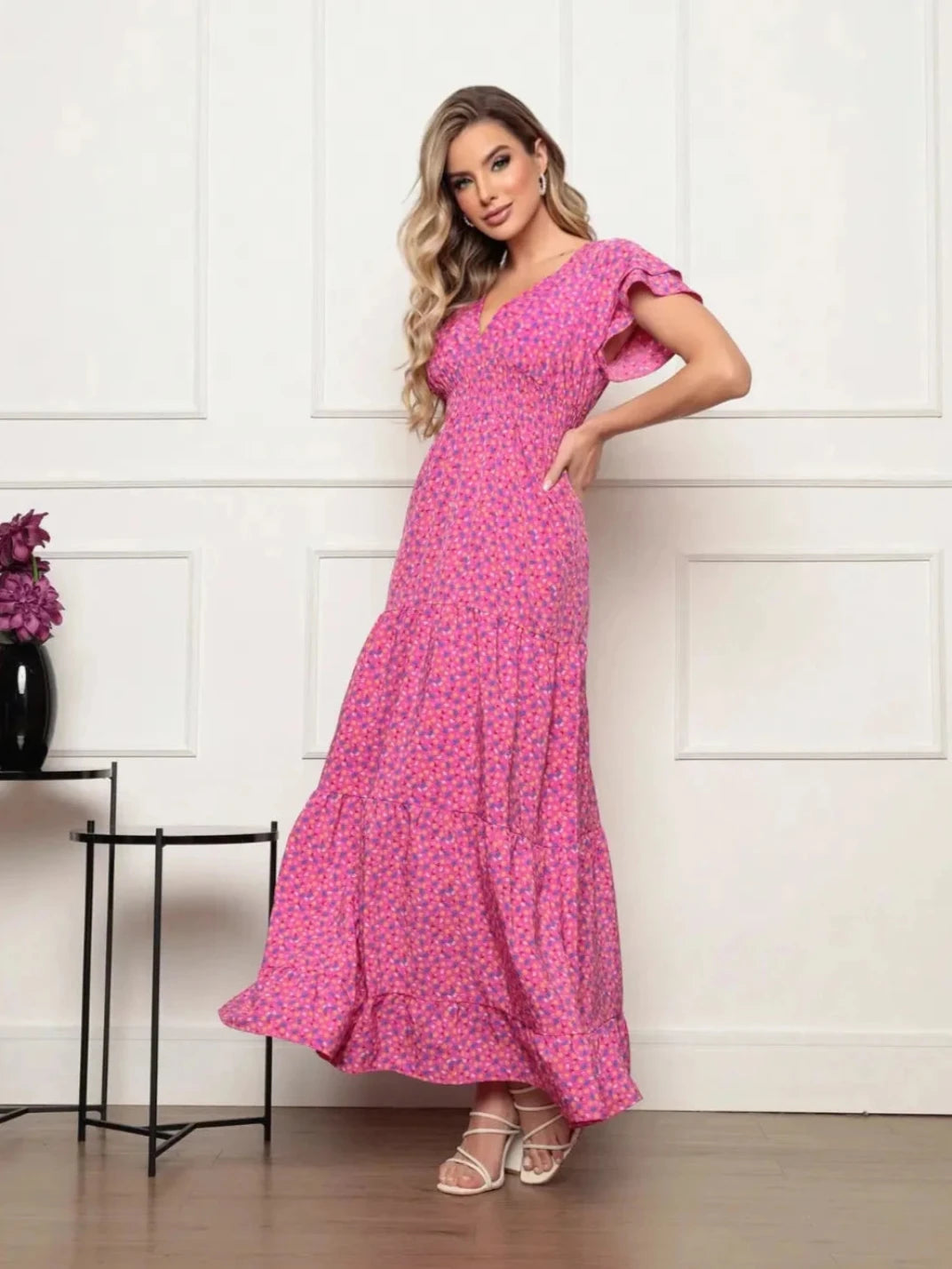 Vestido Longo Manga Babado Pink - EstiloE, Vestido Três Marias, Vestido Soltinho, Vestido Pink, Vestido Longo, Vestido Floral, Vestido Estampado, Vestido Casual, Vestido Boho