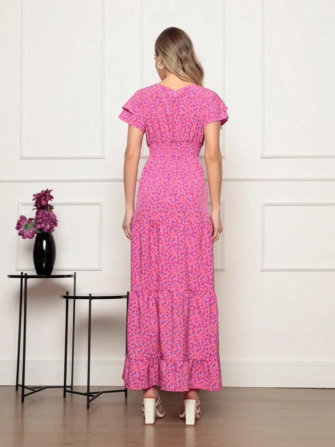 Vestido Longo Manga Babado Pink - EstiloE, Vestido Três Marias, Vestido Soltinho, Vestido Pink, Vestido Longo, Vestido Floral, Vestido Estampado, Vestido Casual, Vestido Boho