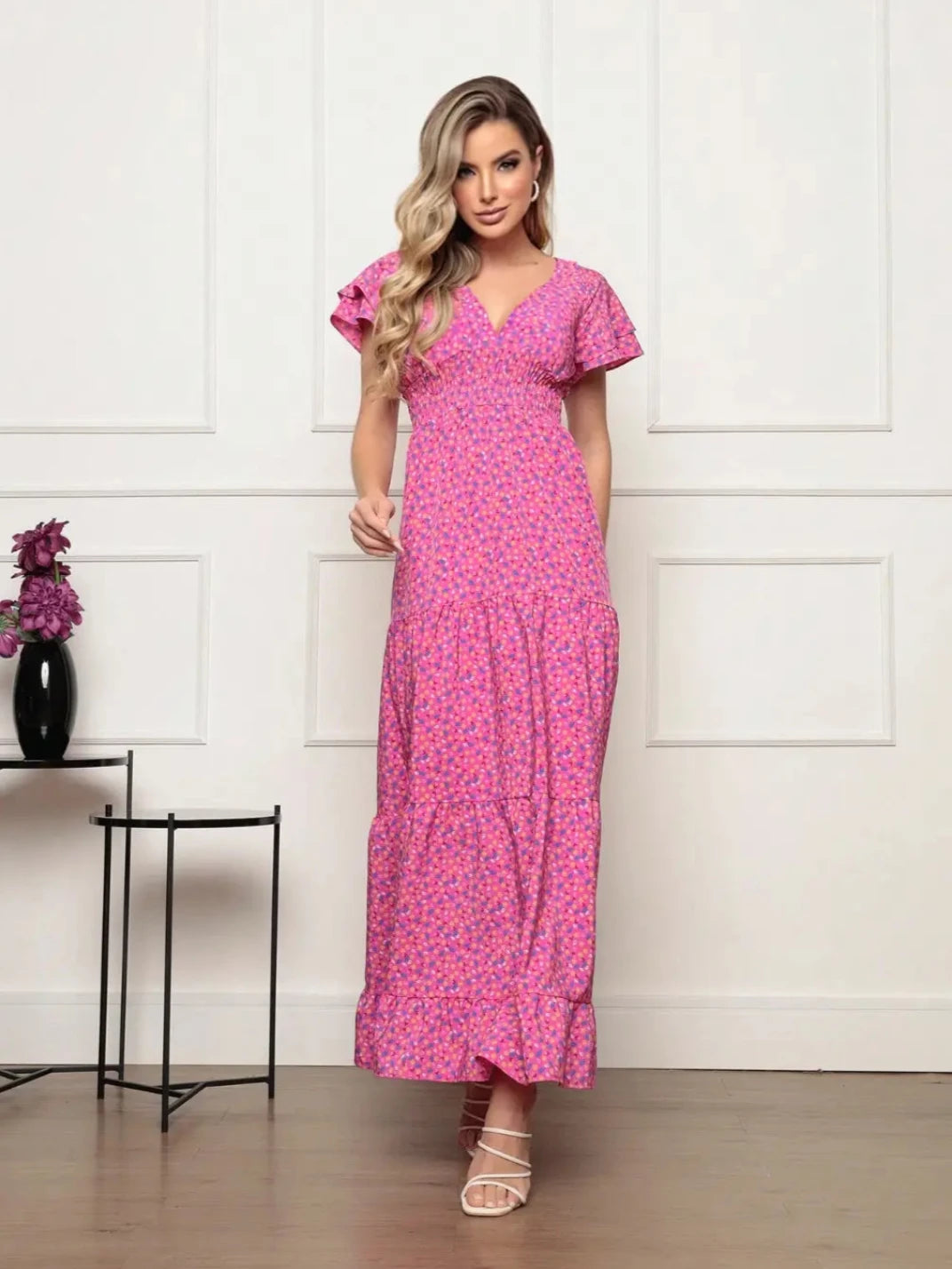 Vestido Longo Manga Babado Pink - EstiloE, Vestido Três Marias, Vestido Soltinho, Vestido Pink, Vestido Longo, Vestido Floral, Vestido Estampado, Vestido Casual, Vestido Boho