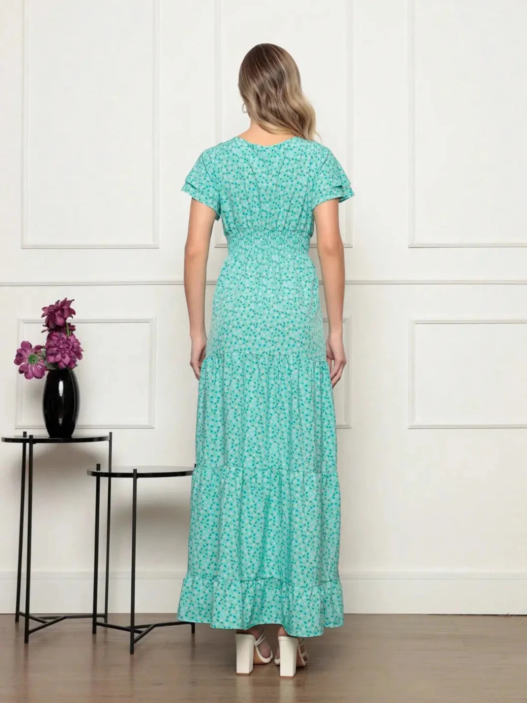 Vestido Longo Manga Babado Turquesa - EstiloE, Vestido Três Marias, Vestido Soltinho, Vestido Turquesa, Vestido Longo, Vestido Floral, Vestido Estampado, Vestido Casual, Vestido Boho