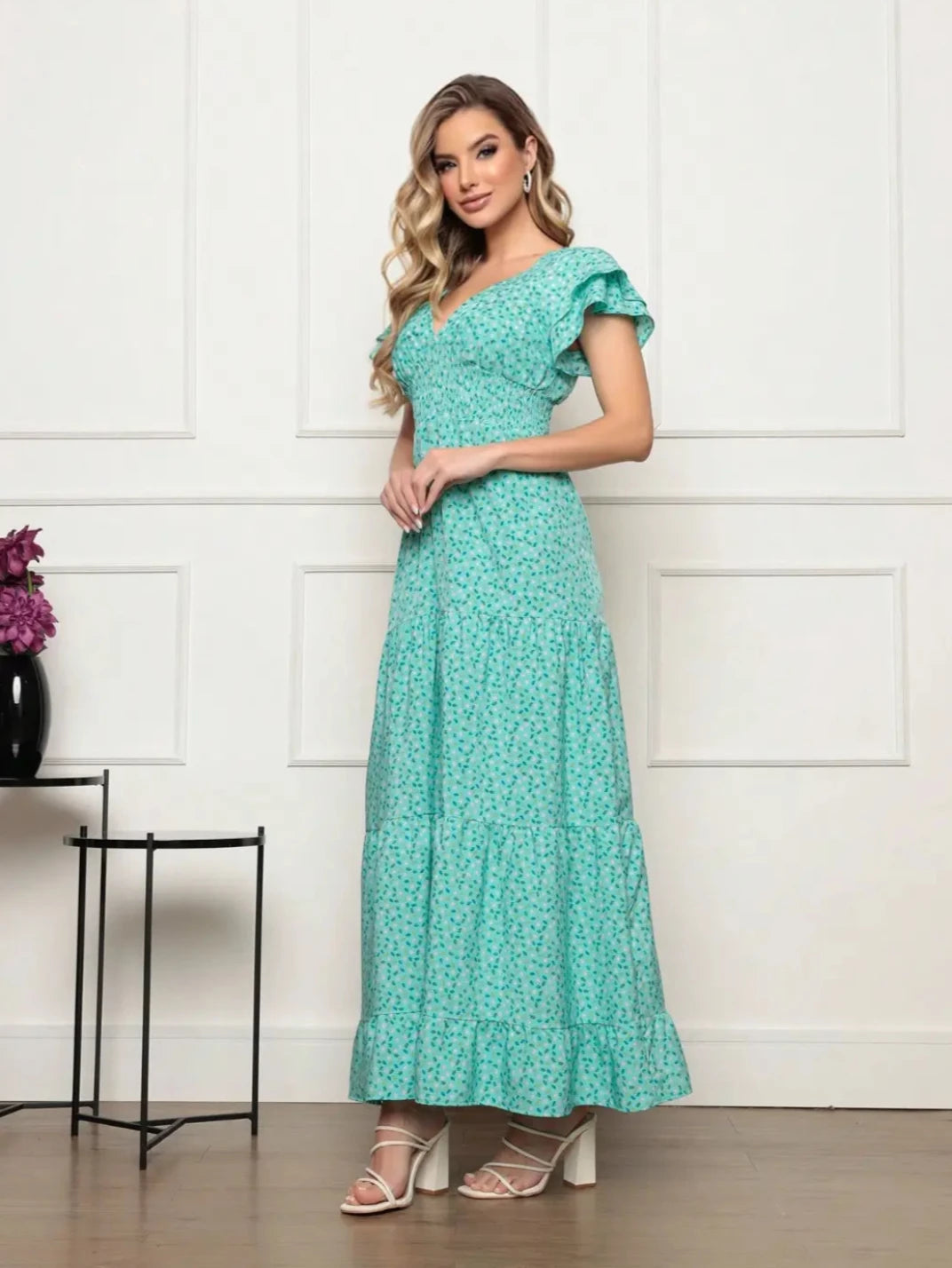 Vestido Longo Manga Babado Turquesa - EstiloE, Vestido Três Marias, Vestido Soltinho, Vestido Turquesa, Vestido Longo, Vestido Floral, Vestido Estampado, Vestido Casual, Vestido Boho