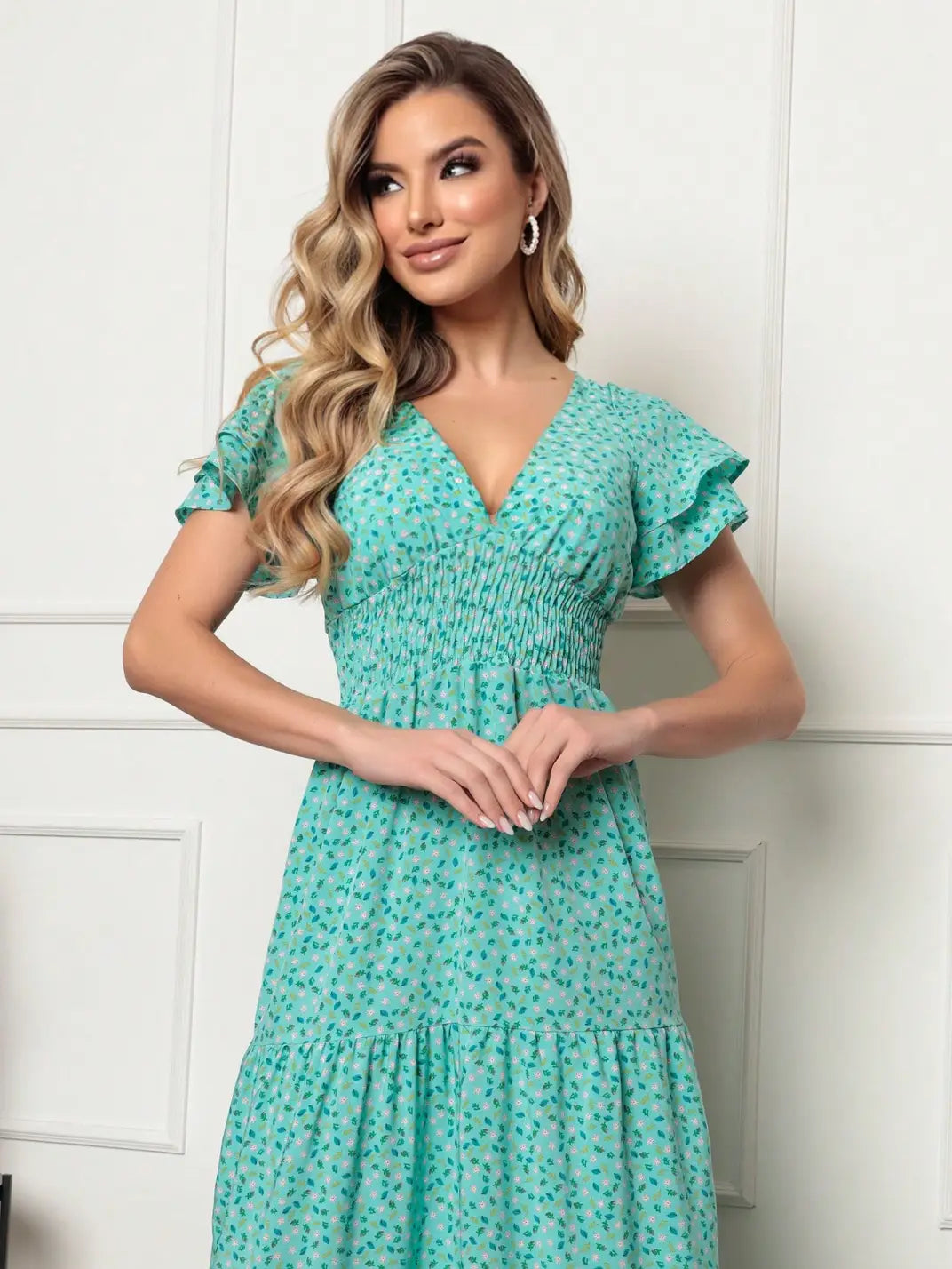 Vestido Longo Manga Babado Turquesa - EstiloE, Vestido Três Marias, Vestido Soltinho, Vestido Turquesa, Vestido Longo, Vestido Floral, Vestido Estampado, Vestido Casual, Vestido Boho