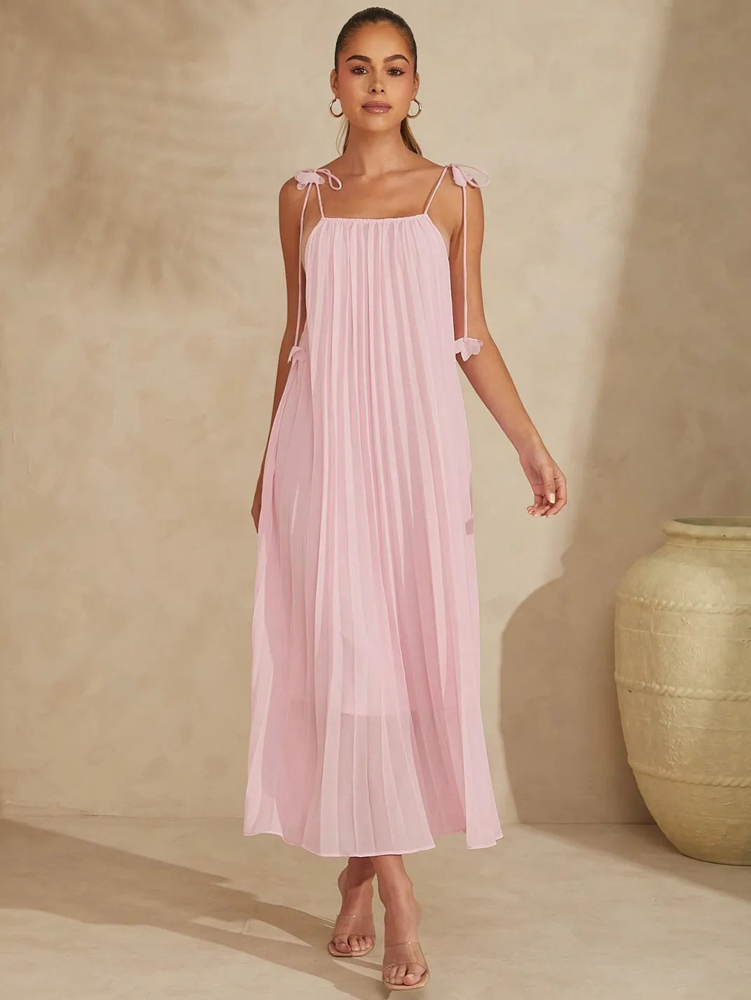 Vestido Longo Plissado Primavera Rosa - EstiloE, Vestido Longo, Vestido Feminino, Vestido Casual, Vestido Elegante, Vestido Alcinha, Vestido Fluído, Vestido Plissado