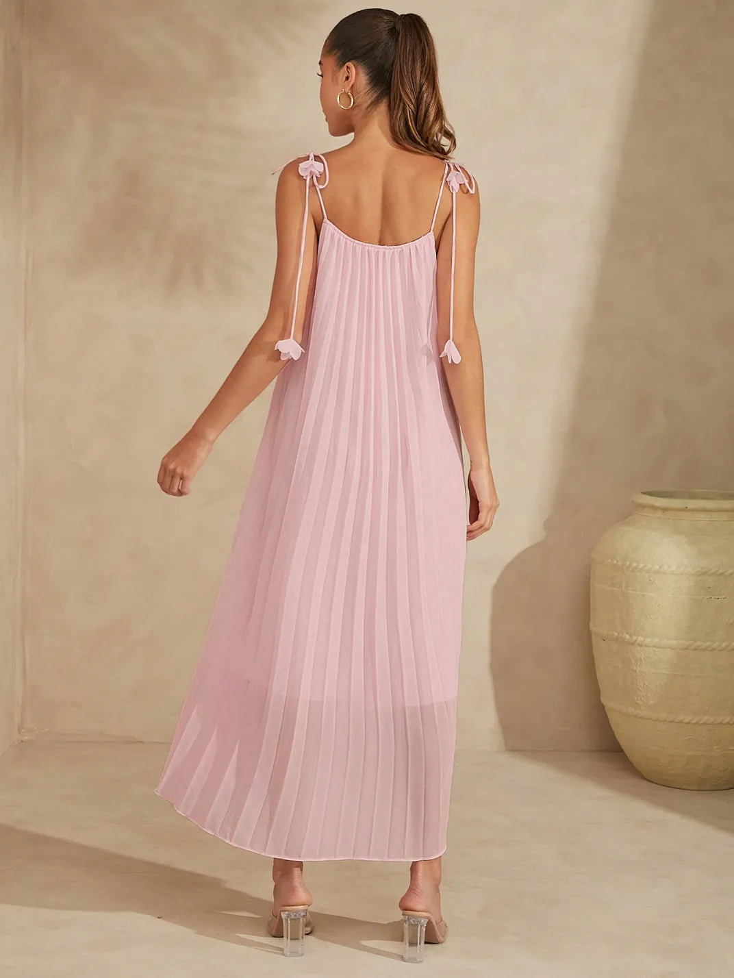 Vestido Longo Plissado Primavera Rosa - EstiloE, Vestido Longo, Vestido Feminino, Vestido Casual, Vestido Elegante, Vestido Alcinha, Vestido Fluído, Vestido Plissado