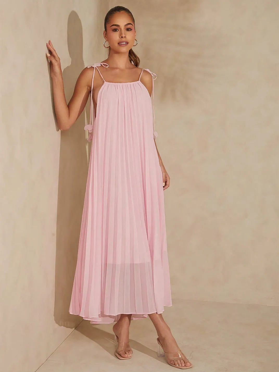 Vestido Longo Plissado Primavera Rosa - EstiloE, Vestido Longo, Vestido Feminino, Vestido Casual, Vestido Elegante, Vestido Alcinha, Vestido Fluído, Vestido Plissado