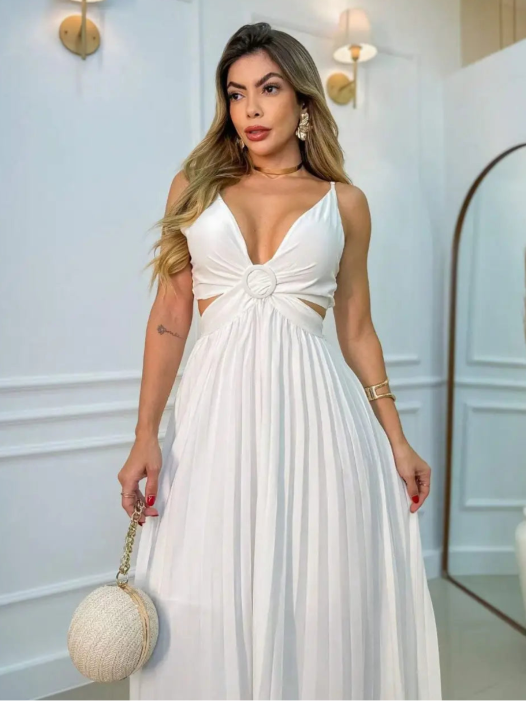 Vestido Longo Plissado Top Cruzado Branco EstiloE, Vestido Plissado, Vestido Longo, Vestido Fluído, Vestido Festa, Vestido Feminino, Vestido Elegante, Vestido Alcinha, Vestido Longo Branco, Vestido Branco