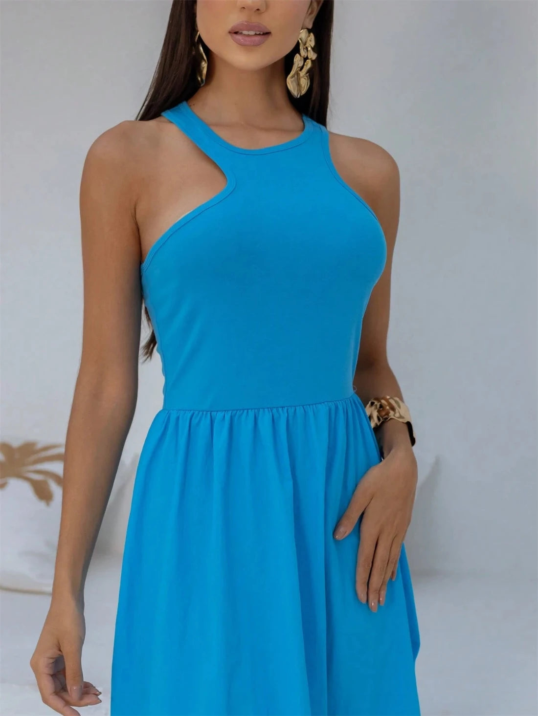 Vestido Longo Regata Assimétrica Azul - EstiloE, Vestido Regata, Vestido Longo, Vestido Franzido, Vestido Feminino, Vestido Casual, Vestido Azul