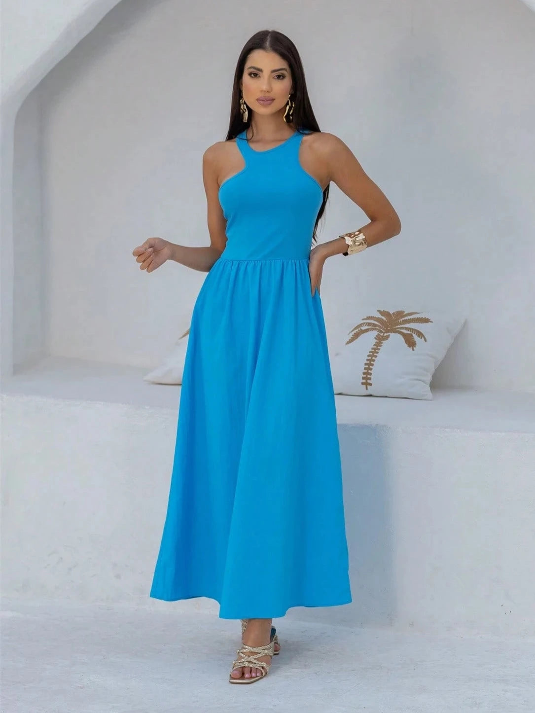 Vestido Longo Regata Assimétrica Azul - EstiloE, Vestido Regata, Vestido Longo, Vestido Franzido, Vestido Feminino, Vestido Casual, Vestido Azul