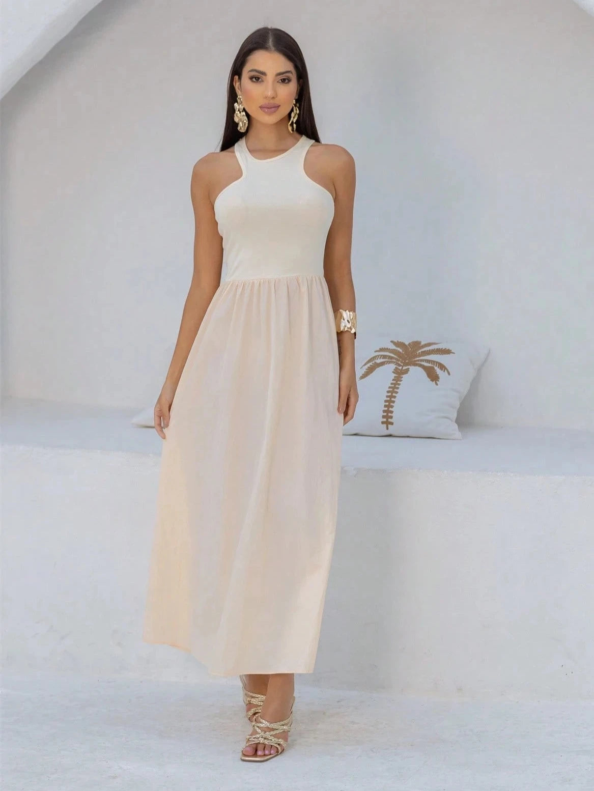 Vestido Longo Regata Assimétrica Bege - EstiloE, Vestido Regata, Vestido Longo, Vestido Franzido, Vestido Feminino, Vestido Casual, Vestido Bege