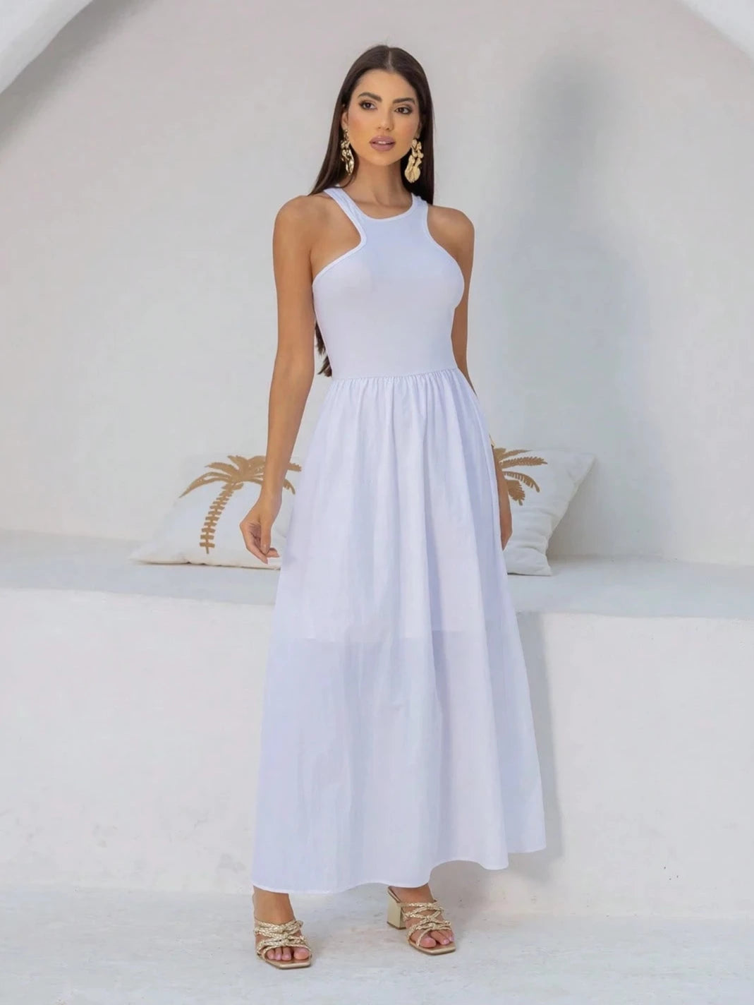 Vestido Longo Regata Assimétrica Branco - EstiloE, Vestido Regata, Vestido Longo, Vestido Franzido, Vestido Feminino, Vestido Casual, Vestido Branco