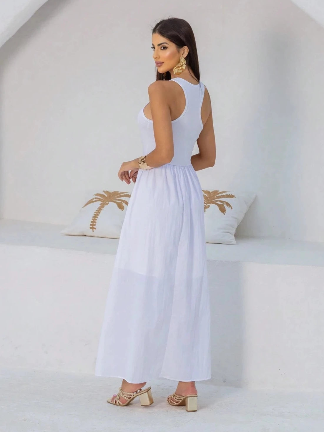 Vestido Longo Regata Assimétrica Branco - EstiloE, Vestido Regata, Vestido Longo, Vestido Franzido, Vestido Feminino, Vestido Casual, Vestido Branco